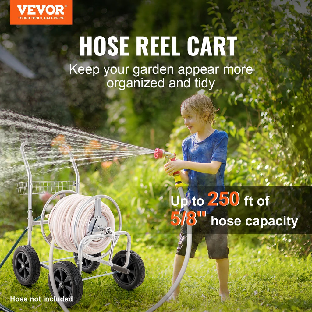 VEVOR Hose Reel Cart, Hold Up to 250 ft of 5/8???? Hose, Garden Water Hose Carts Mobile Tools with 4 Wheels, Heavy Duty Powder-coated Steel Outdoor Planting with Storage Basket, for Garden, Yard, Lawn