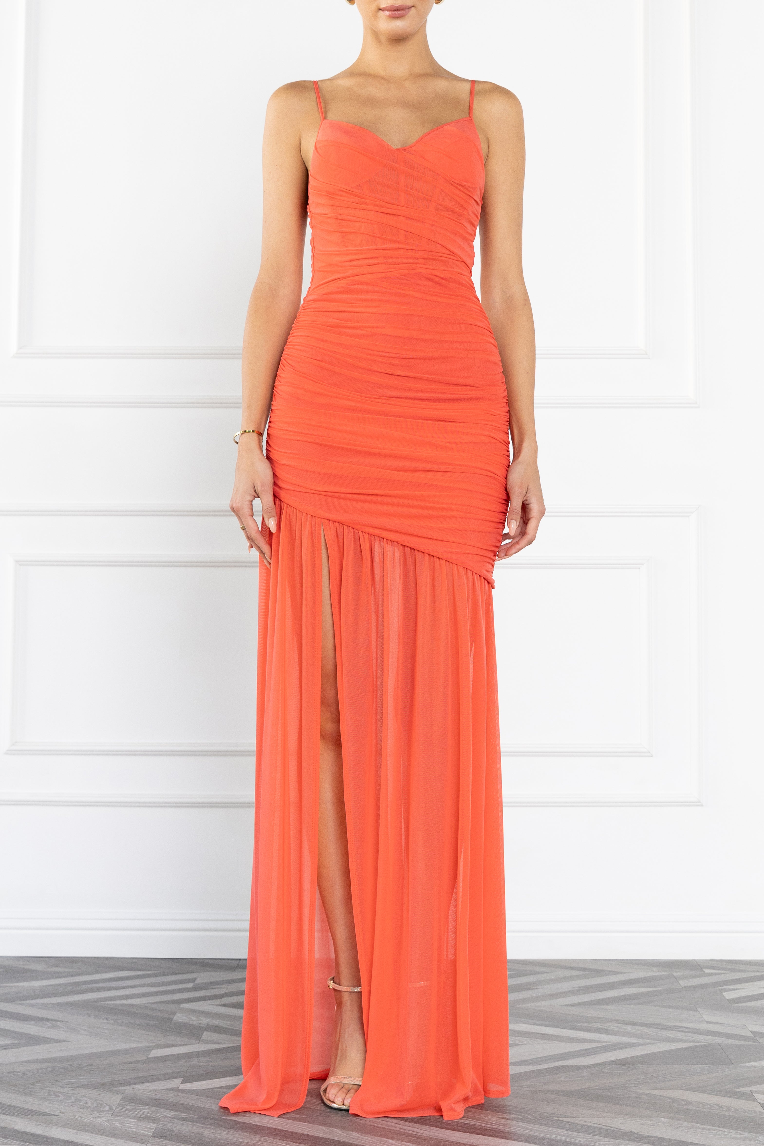 Asymmetric Shirred Slip Style with Underwired Bodice & Thigh-High Slit