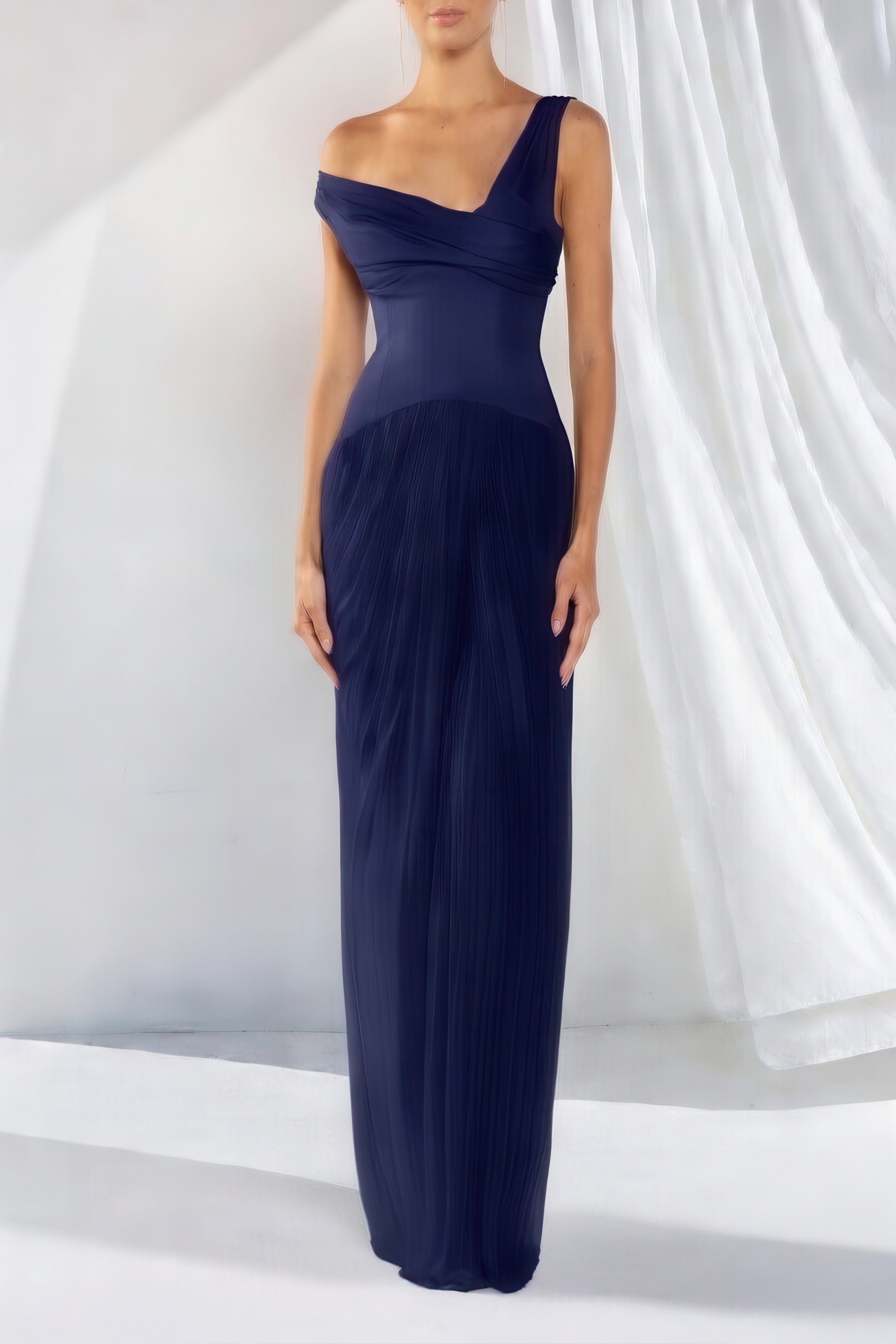 Length Asymmetrical Draped Gown — Corset-Inspired Bodice & Shirred Skirt