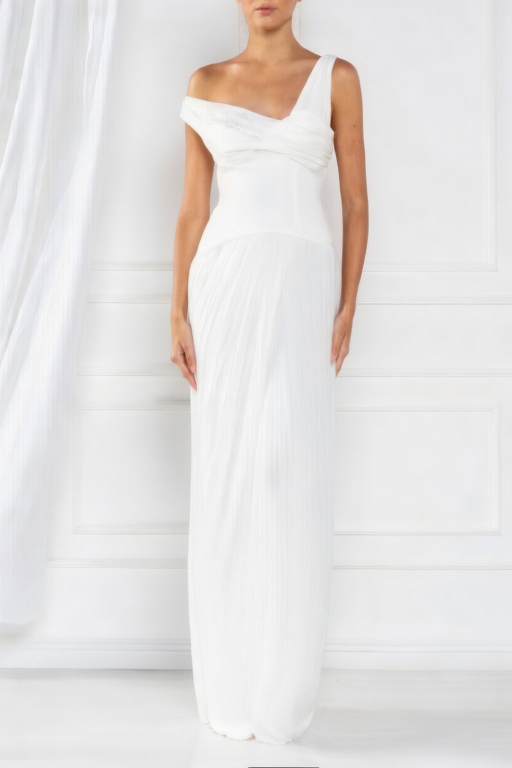 Sylara FloorLength Shirred Gown — Asymmetrical Draped Neckline & Corset