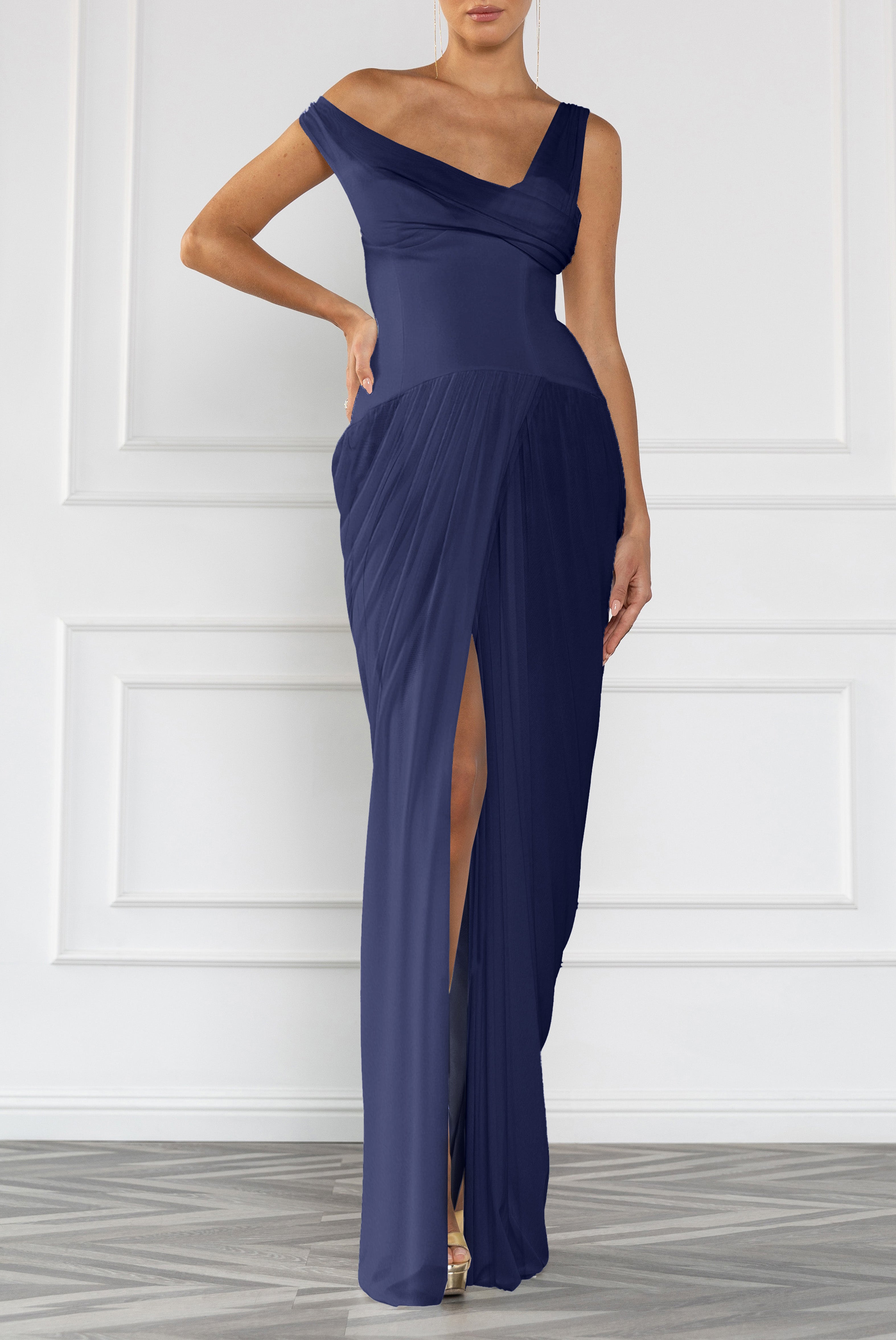 Sylara FloorLength Shirred Gown — Asymmetrical Draped Neckline & Corset