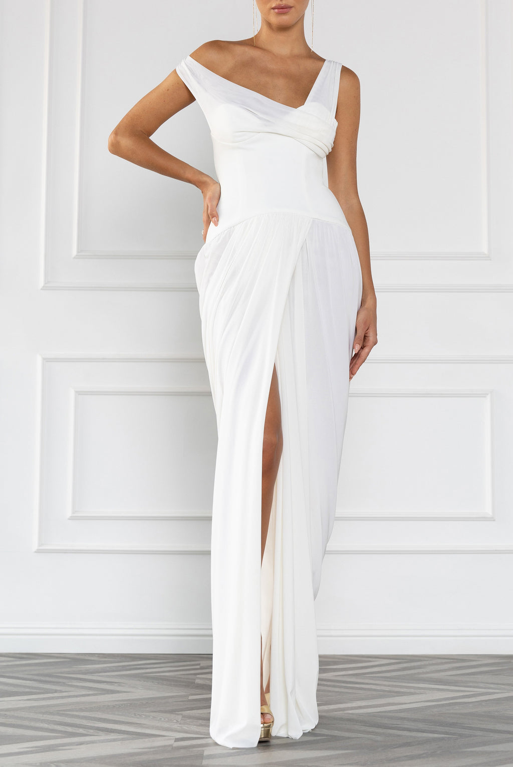 Length Asymmetrical Draped Gown — Corset-Inspired Bodice & Shirred Skirt