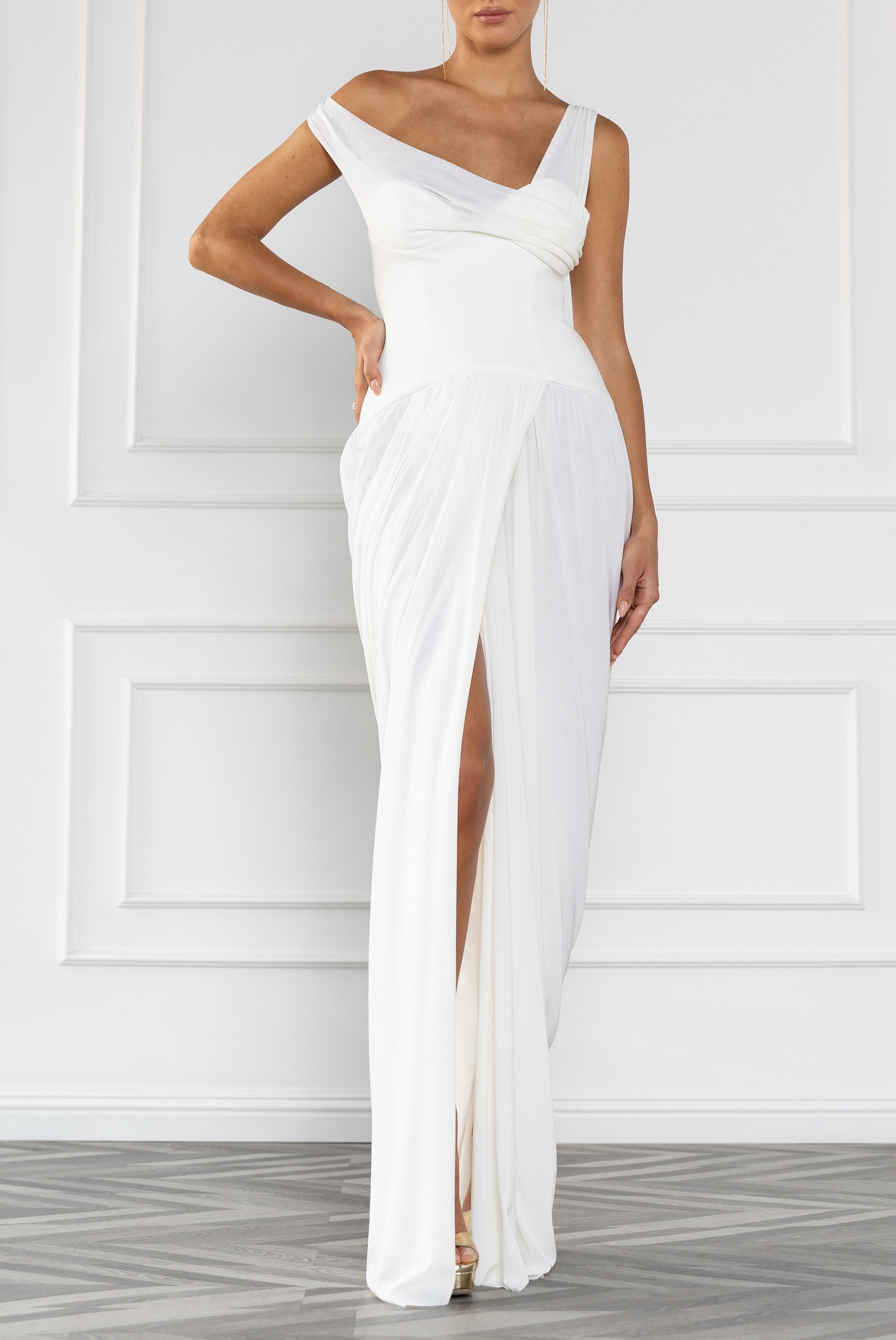 Length Asymmetrical Draped Gown — Corset-Inspired Bodice & Shirred Skirt