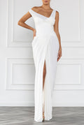 Sylara FloorLength Shirred Gown — Asymmetrical Draped Neckline & Corset