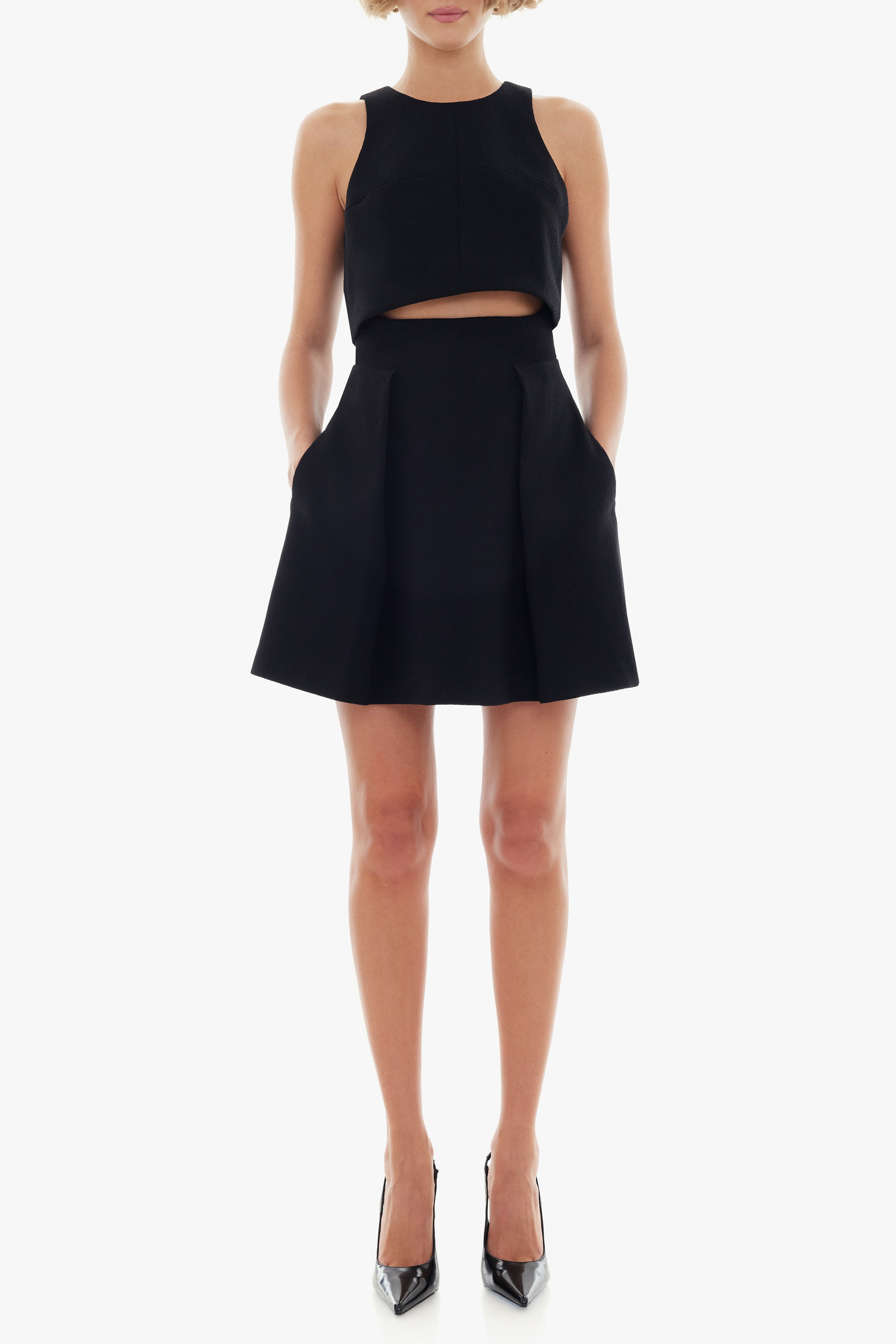 Sanibel Mini Two-Piece — Pebble Crepe Cropped Bodice with Box Pleated Skirt