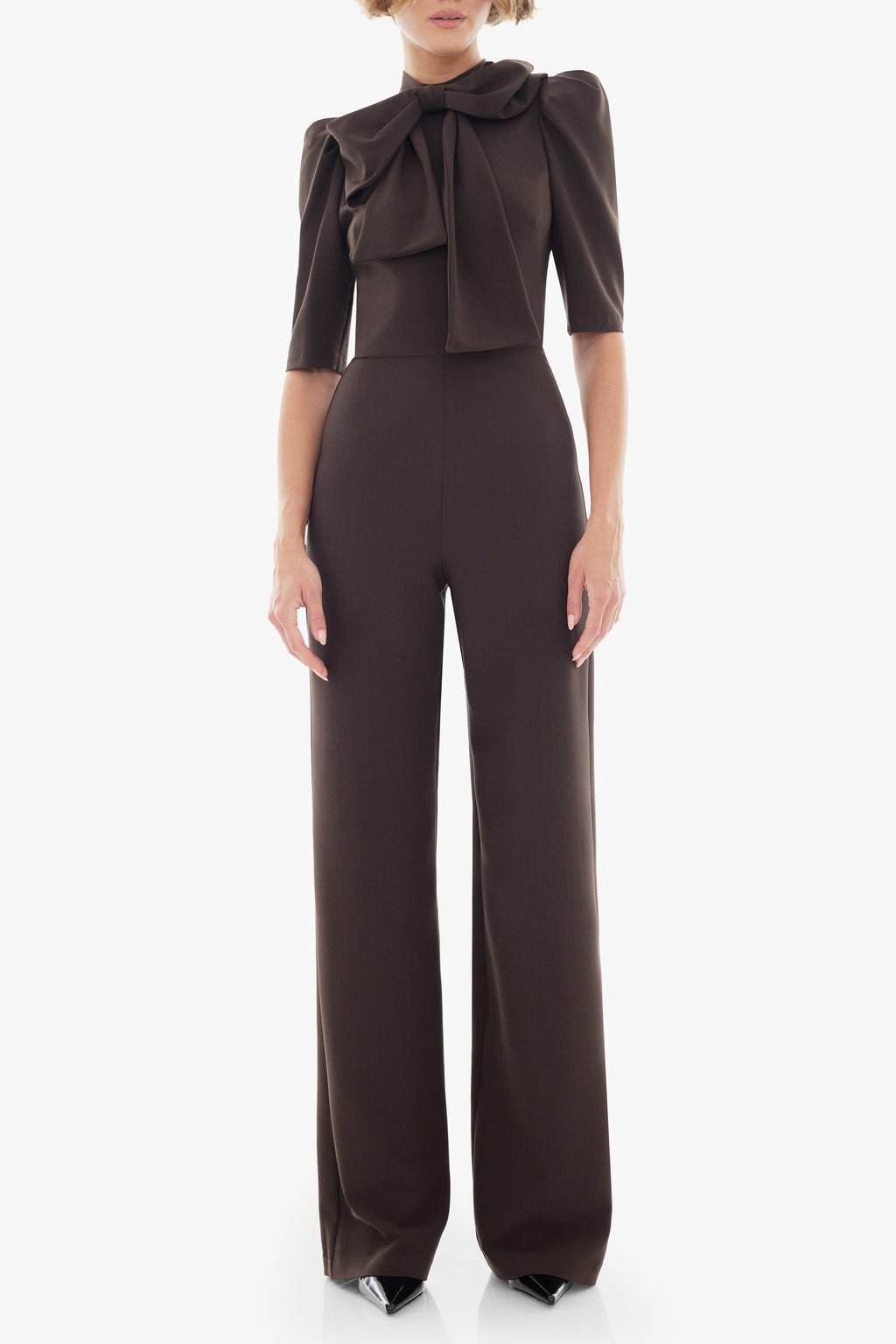 Ara Jumpsuit — Mock Neckline with Statement Bow & Wide-Leg Pants
