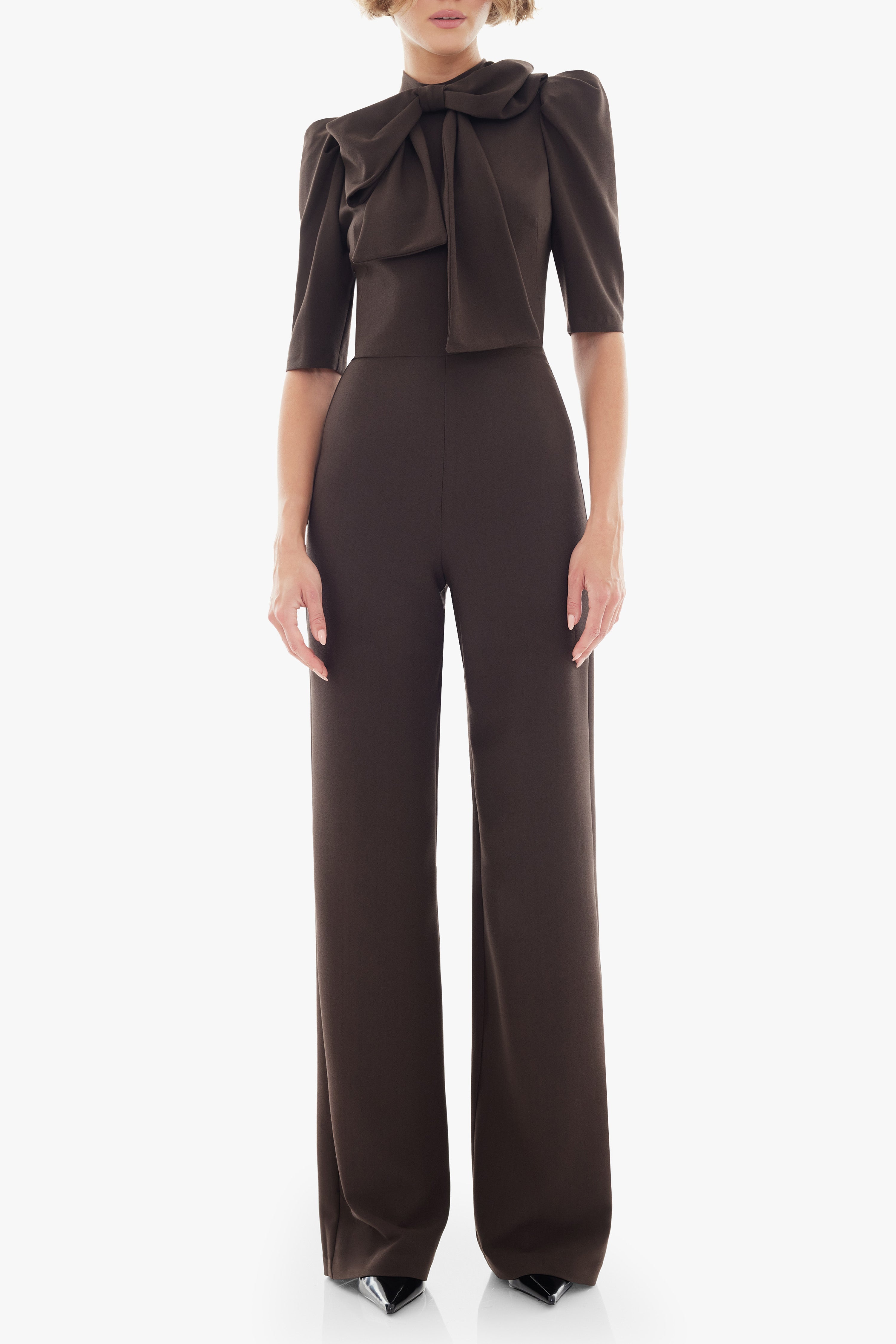 Ara Jumpsuit — Mock Neckline with Statement Bow & Wide-Leg Pants