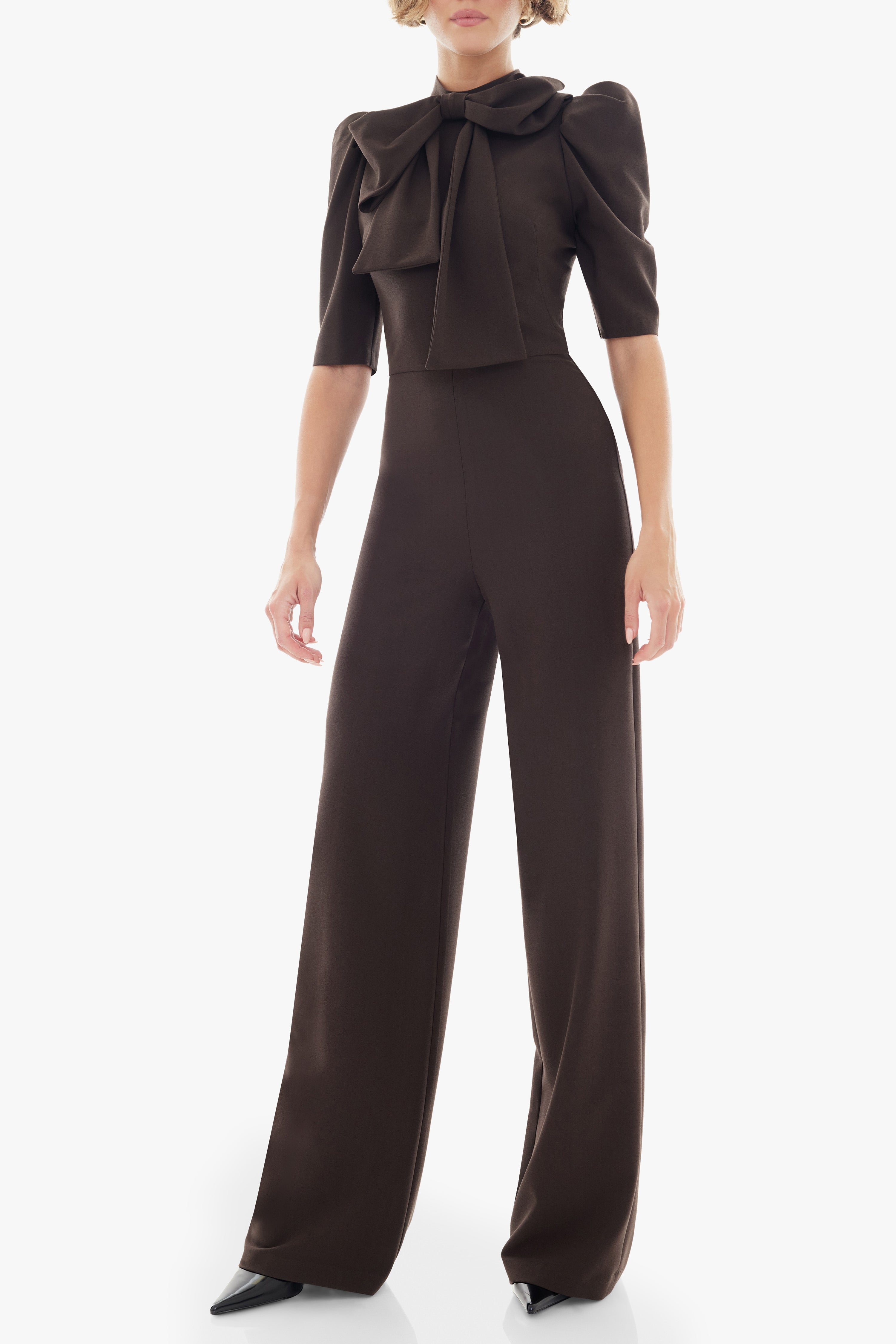 Ara Jumpsuit — Mock Neckline with Statement Bow & Wide-Leg Pants