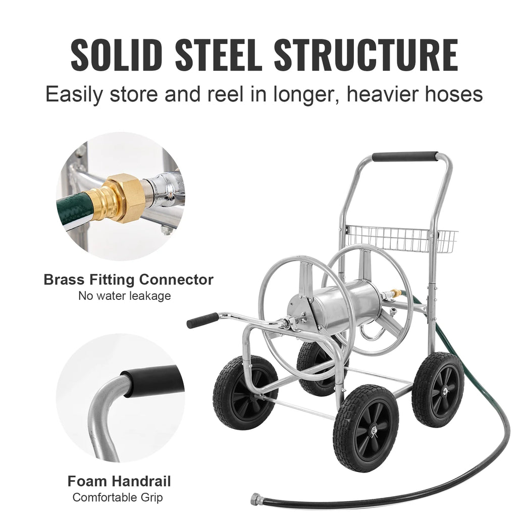 VEVOR Hose Reel Cart, Hold Up to 250 ft of 5/8???? Hose, Garden Water Hose Carts Mobile Tools with 4 Wheels, Heavy Duty Powder-coated Steel Outdoor Planting with Storage Basket, for Garden, Yard, Lawn
