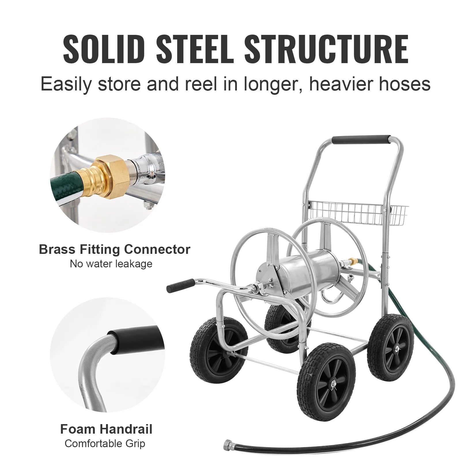 VEVOR Hose Reel Cart, Hold Up to 250 ft of 5/8???? Hose, Garden Water Hose Carts Mobile Tools with 4 Wheels, Heavy Duty Powder-coated Steel Outdoor Planting with Storage Basket, for Garden, Yard, Lawn