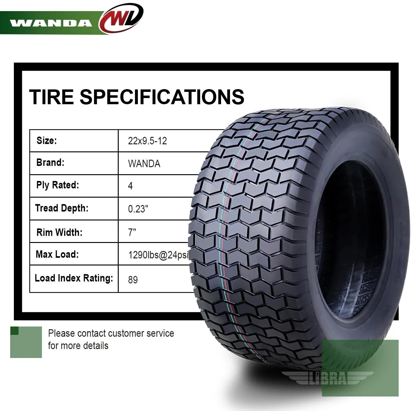 WANDA 22X9.5-12 Lawn Mower Tractor Cart Turf Tire 4 Ply 22x9.5x12-13135