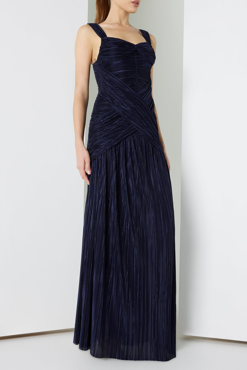 Zia Floor-Length Plissé Gown — Sculpted Bodice with Shirred Flared Skirt