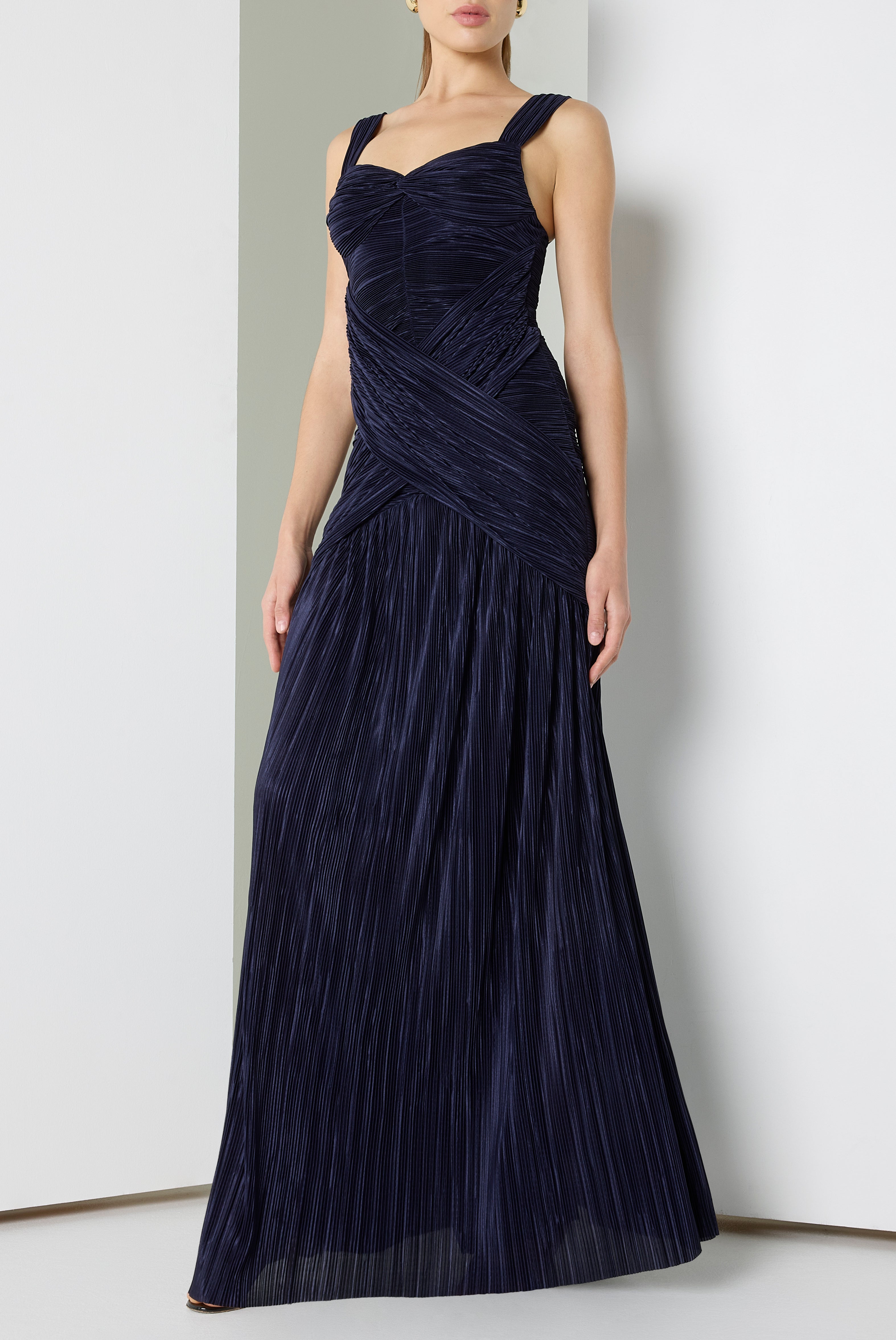 Zia Textured Plissé Fabric Gown with Shirred Flared Skirt