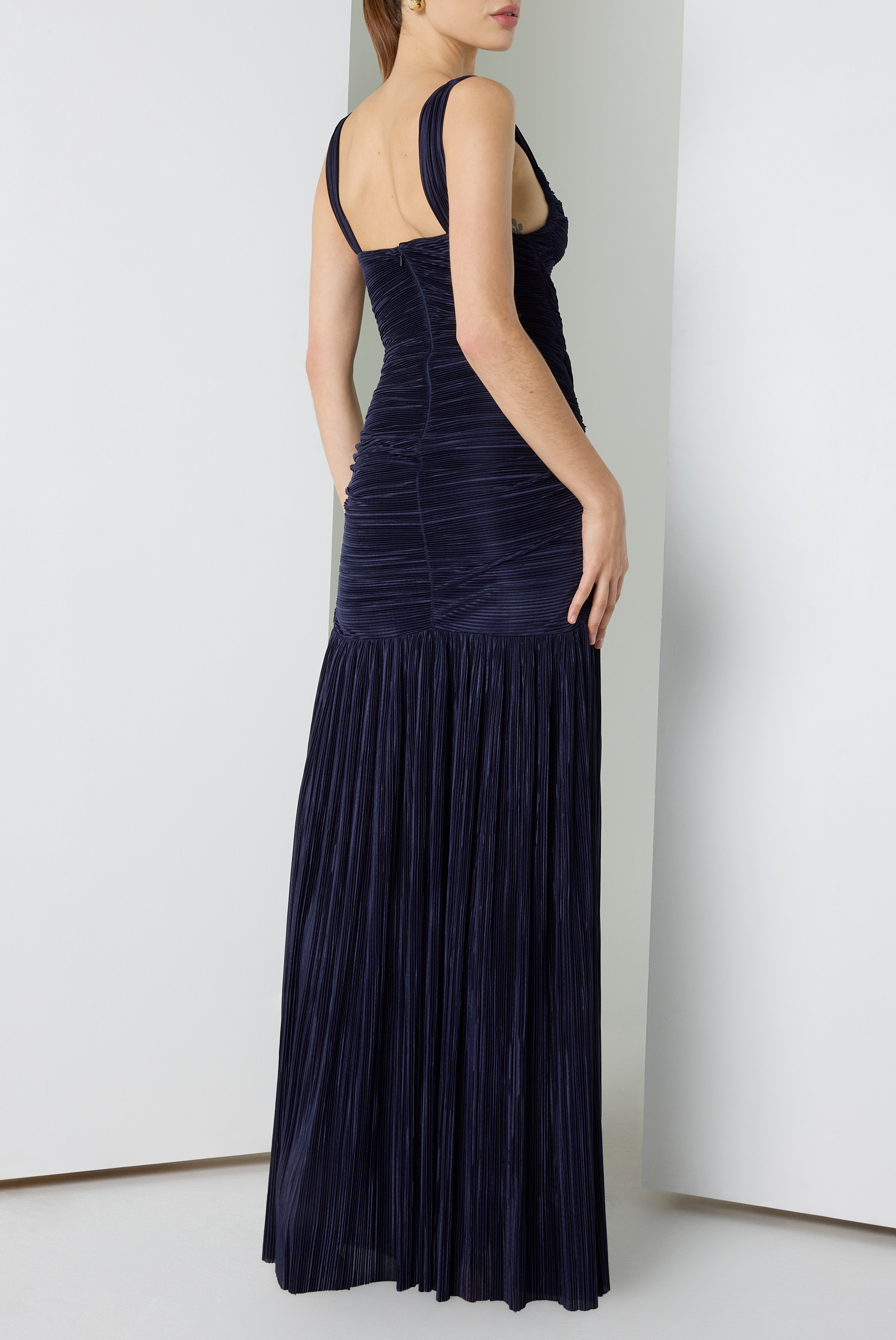 Zia Floor-Length Plissé Gown — Sculpted Bodice with Shirred Flared Skirt