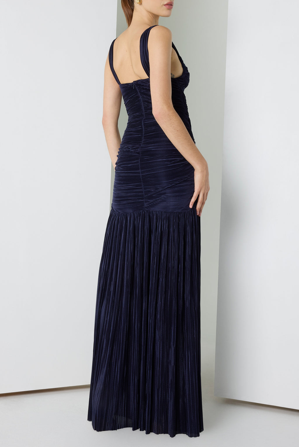 Zia Textured Plissé Fabric Gown with Shirred Flared Skirt