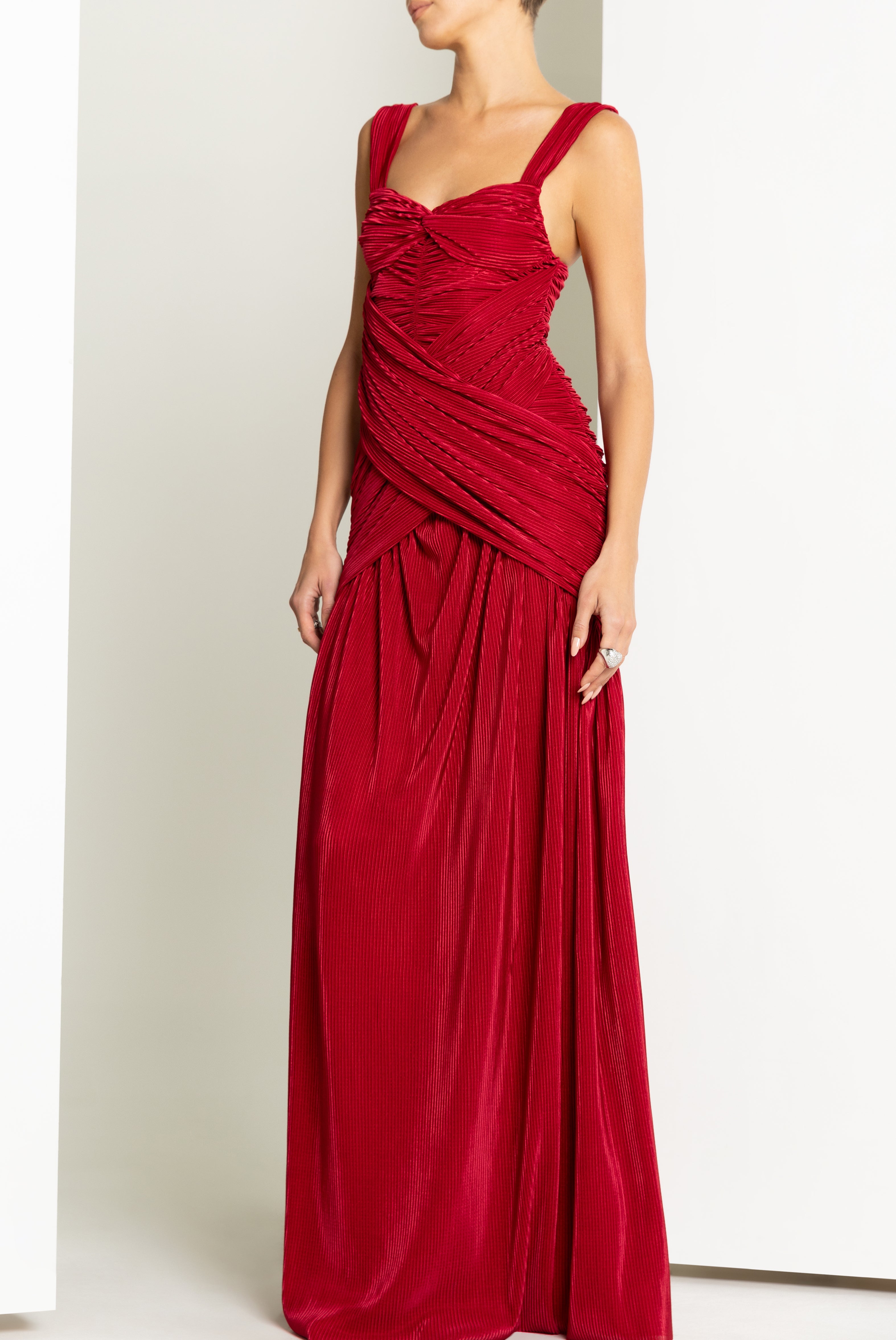 Zia Floor-Length Plissé Gown — Sculpted Bodice with Shirred Flared Skirt