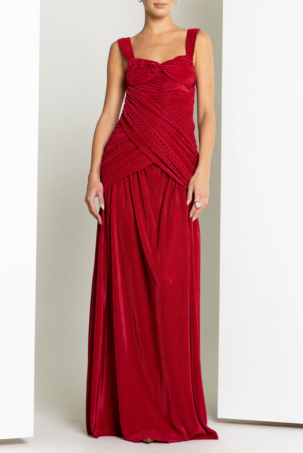 Zia Floor-Length Plissé Gown — Sculpted Bodice with Shirred Flared Skirt