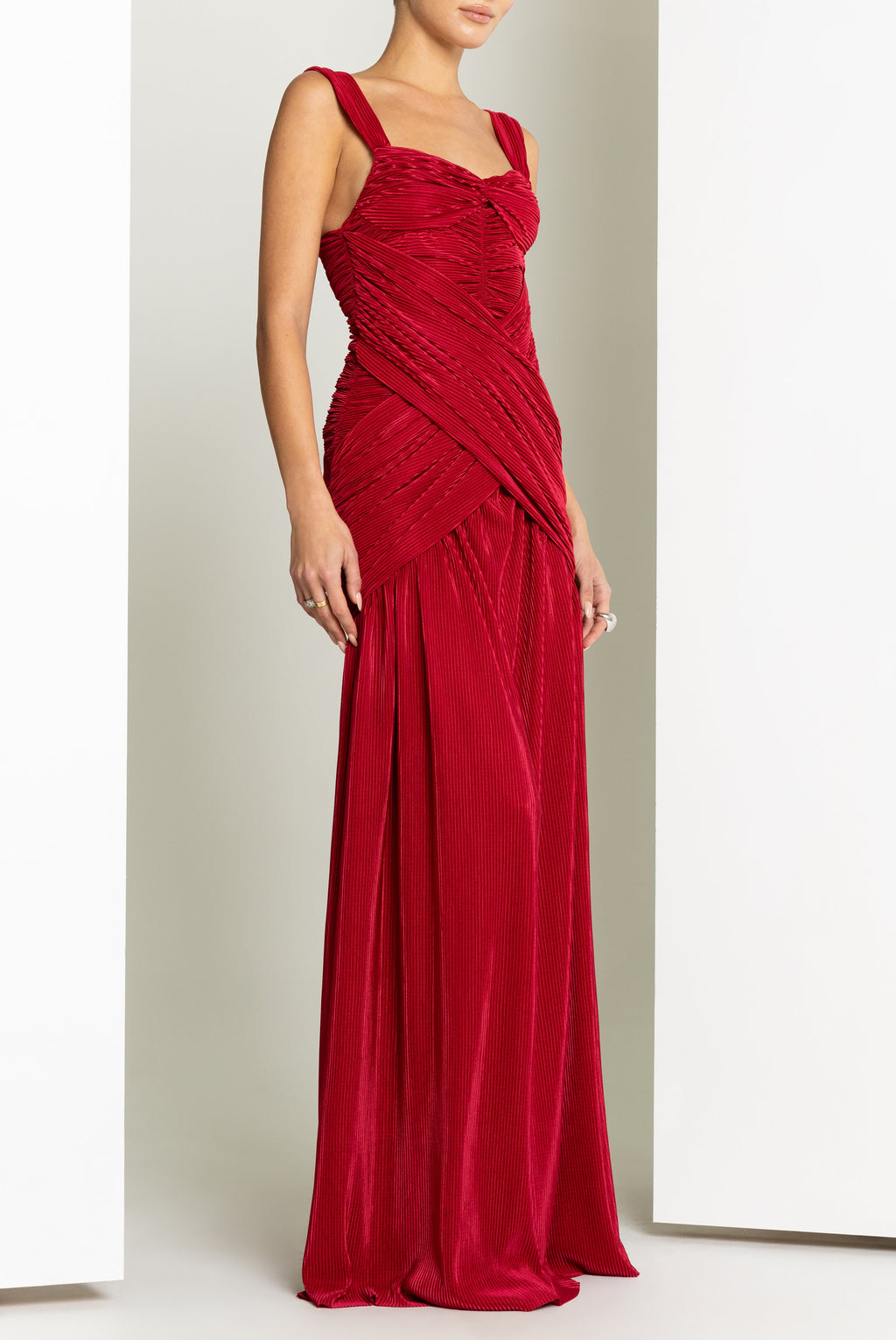 Zia Floor-Length Plissé Gown — Sculpted Bodice with Shirred Flared Skirt