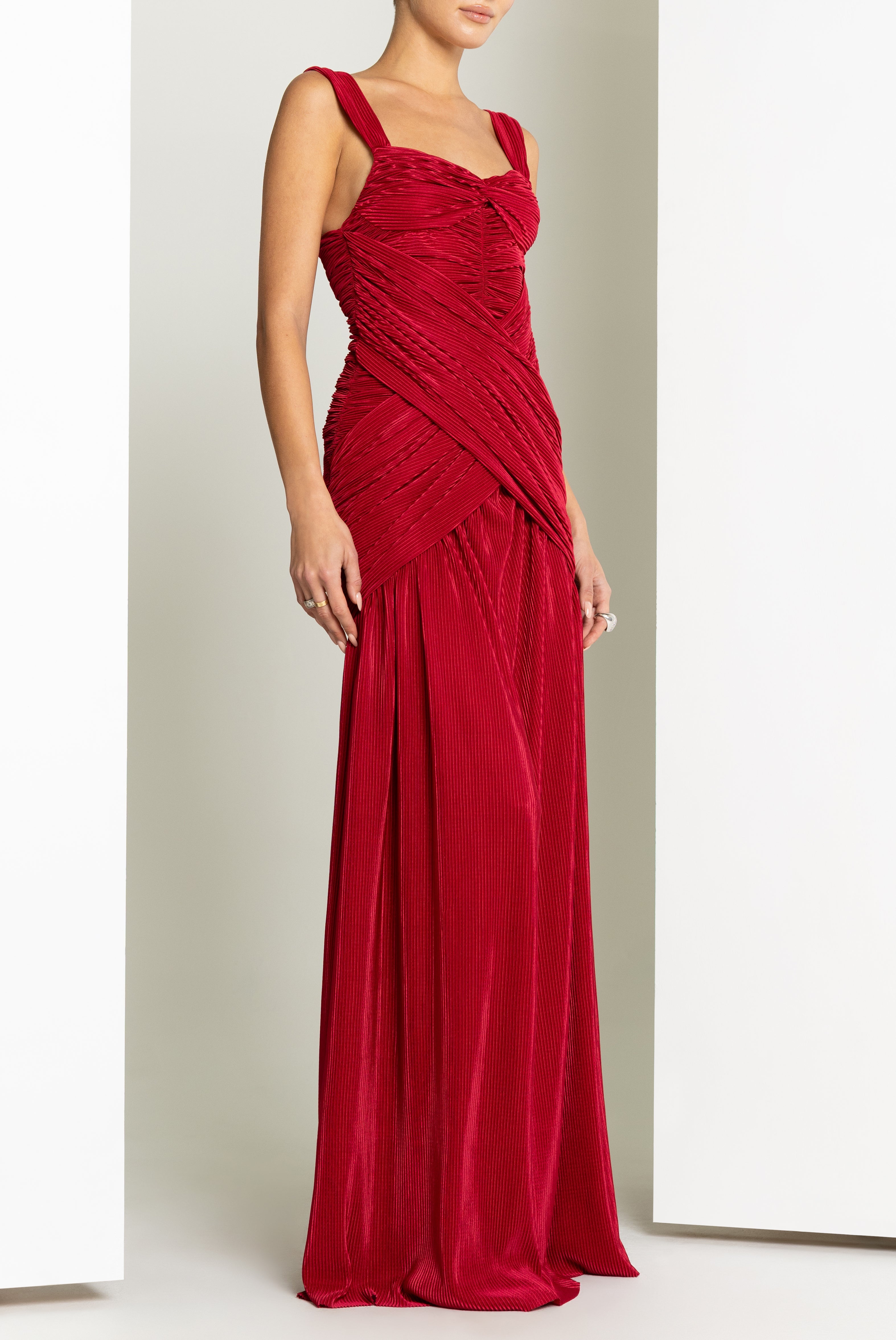 Zia Textured Plissé Fabric Gown with Shirred Flared Skirt