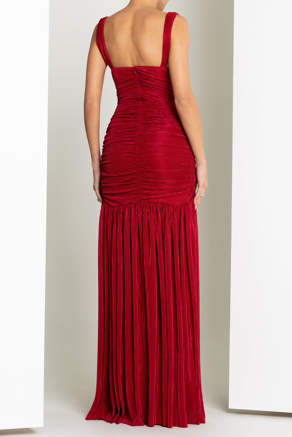 Zia Textured Plissé Fabric Gown with Shirred Flared Skirt