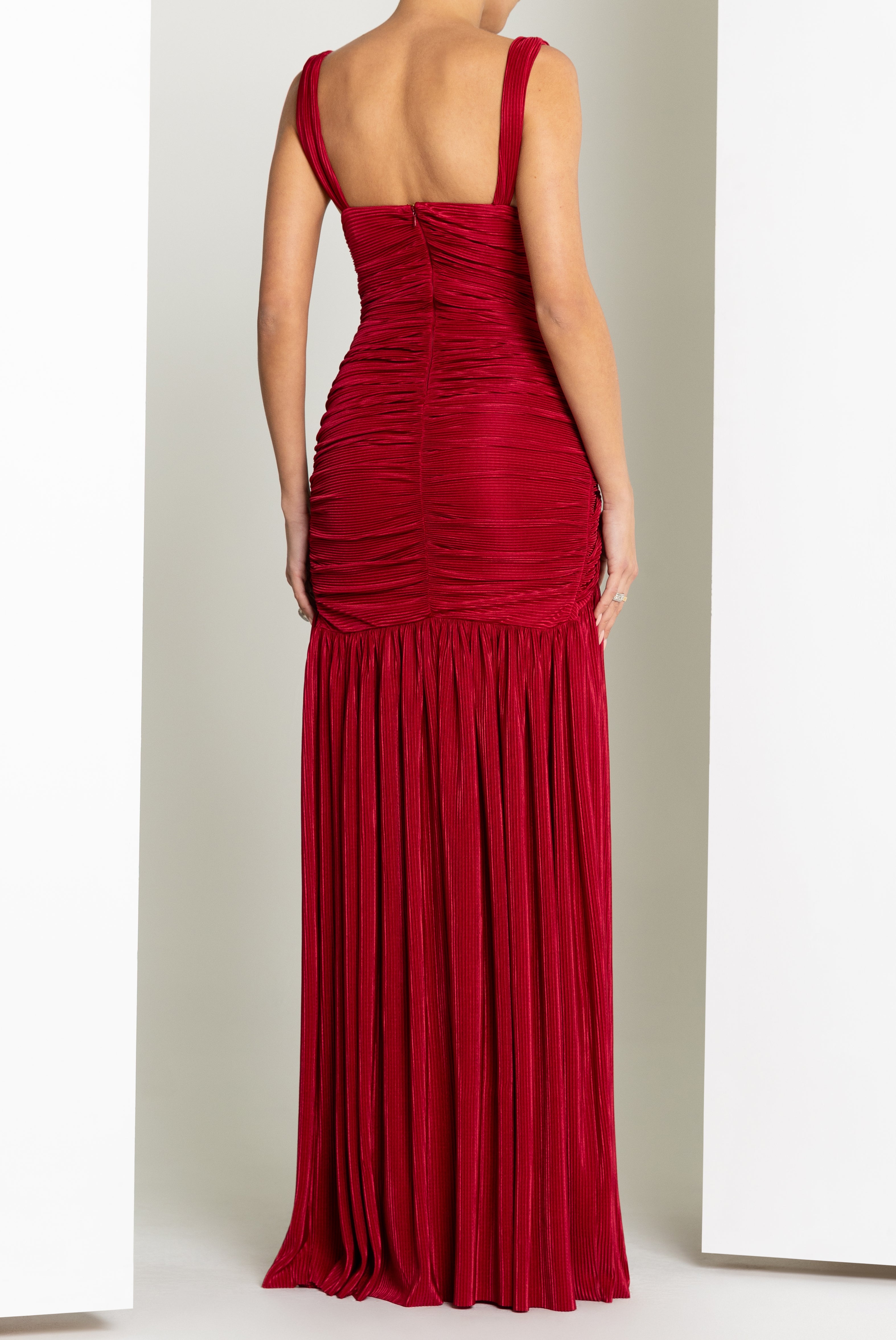 Zia Textured Plissé Fabric Gown with Shirred Flared Skirt
