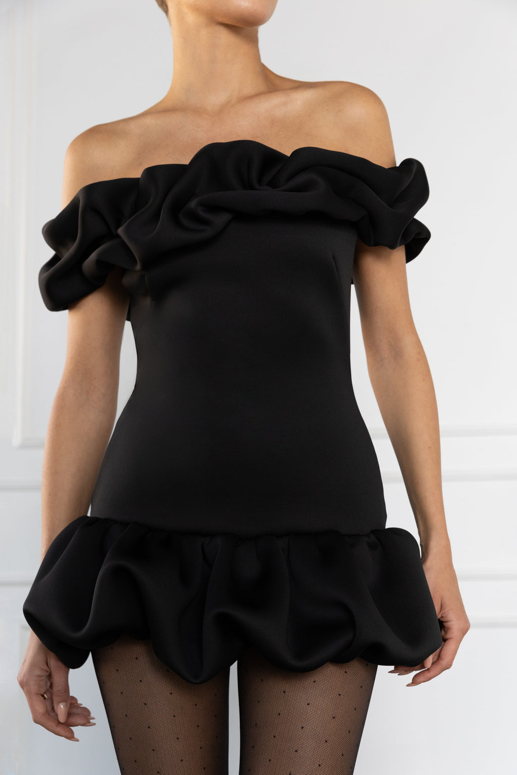 Azari Mini Dress — Off-the-Shoulder Sculptural Design with Bubble Hem