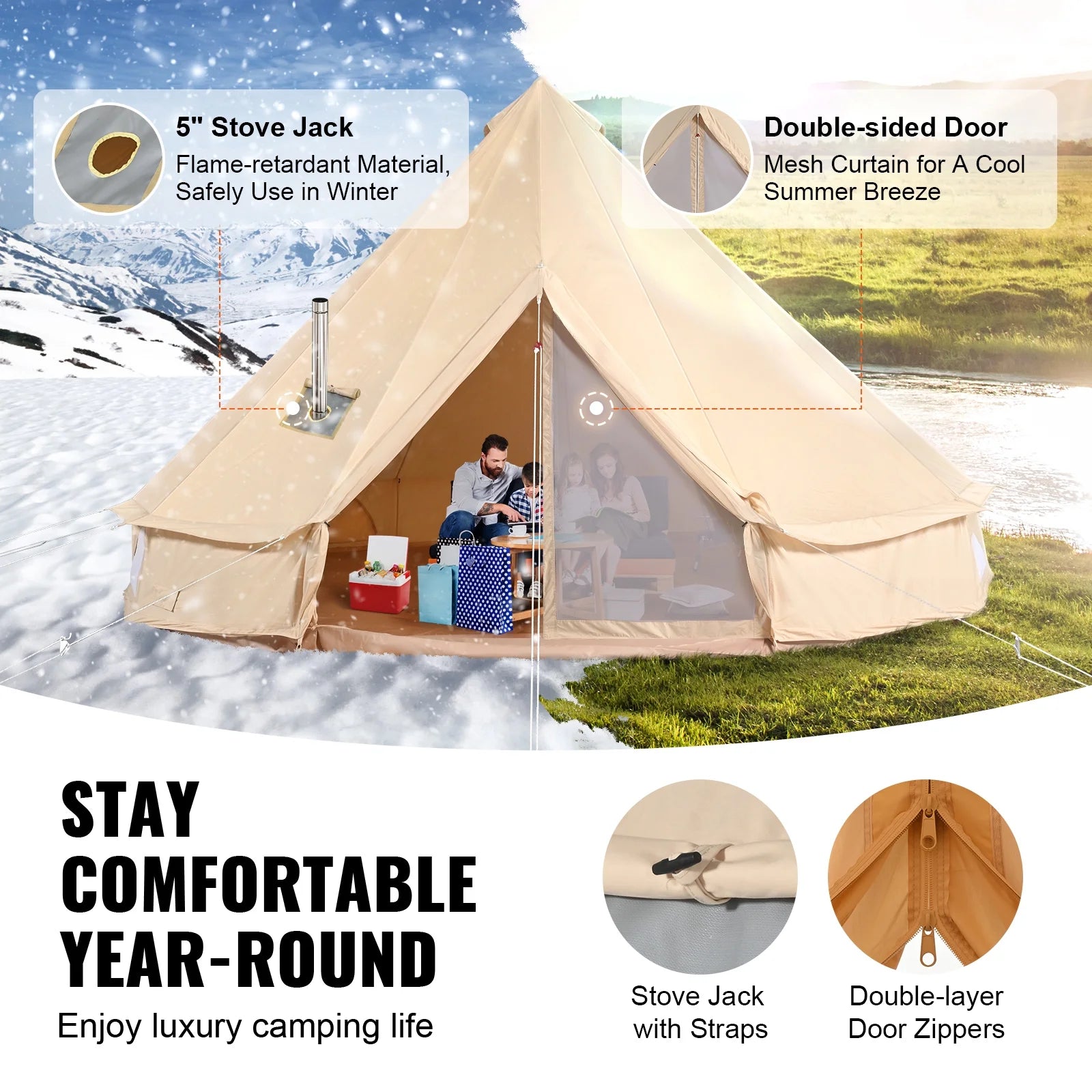 KFFKFF Canvas Bell Tent 6m/19.68ft 4-Season Camping Yurt Tent with Stove Jack