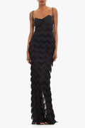 Berri Maxi Dress — Contrast Shiny Knit Bodice with Tiered Chevron Fringe Skirt