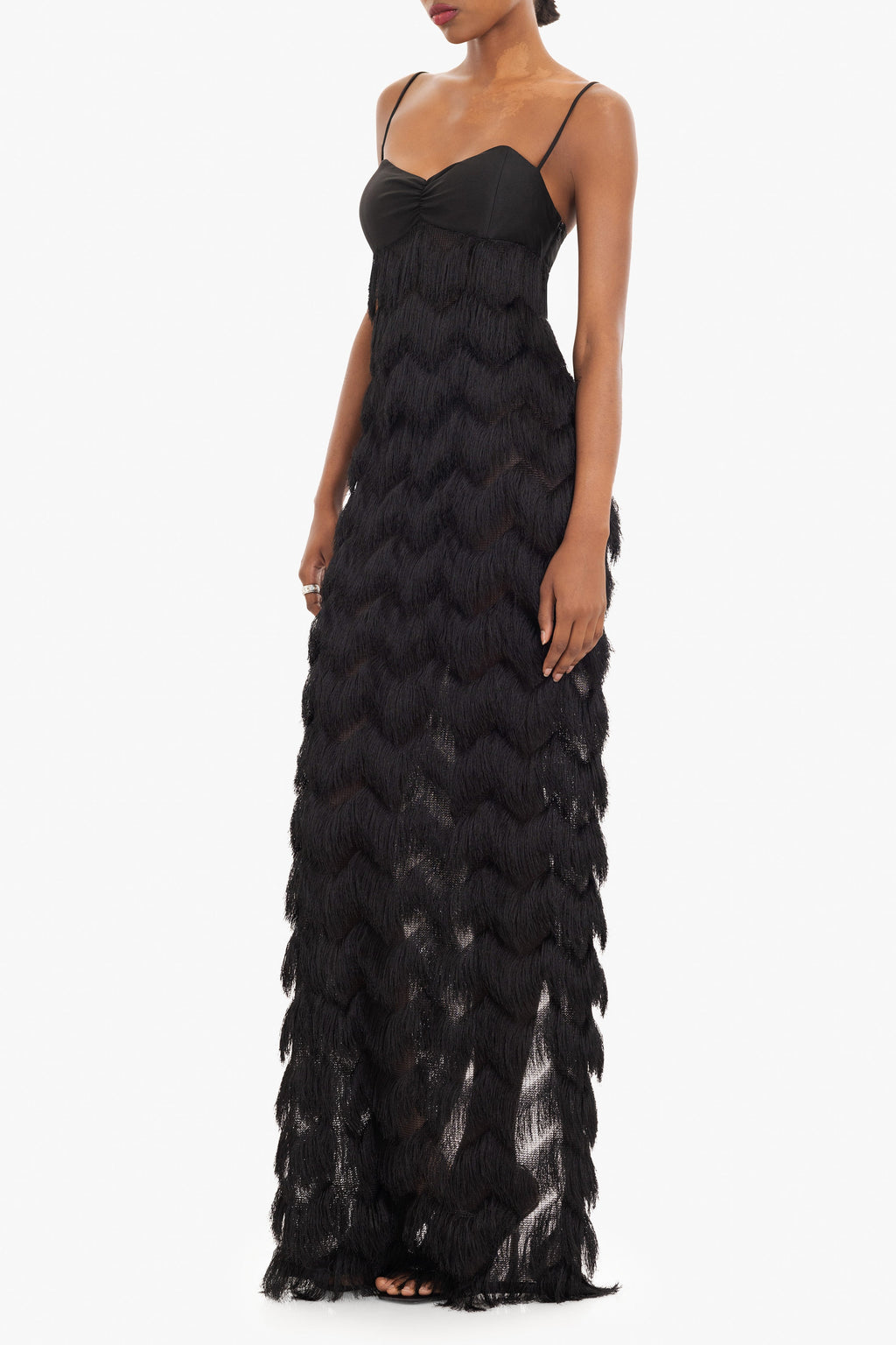 Berri Maxi Dress — Contrast Shiny Knit Bodice with Tiered Chevron Fringe Skirt