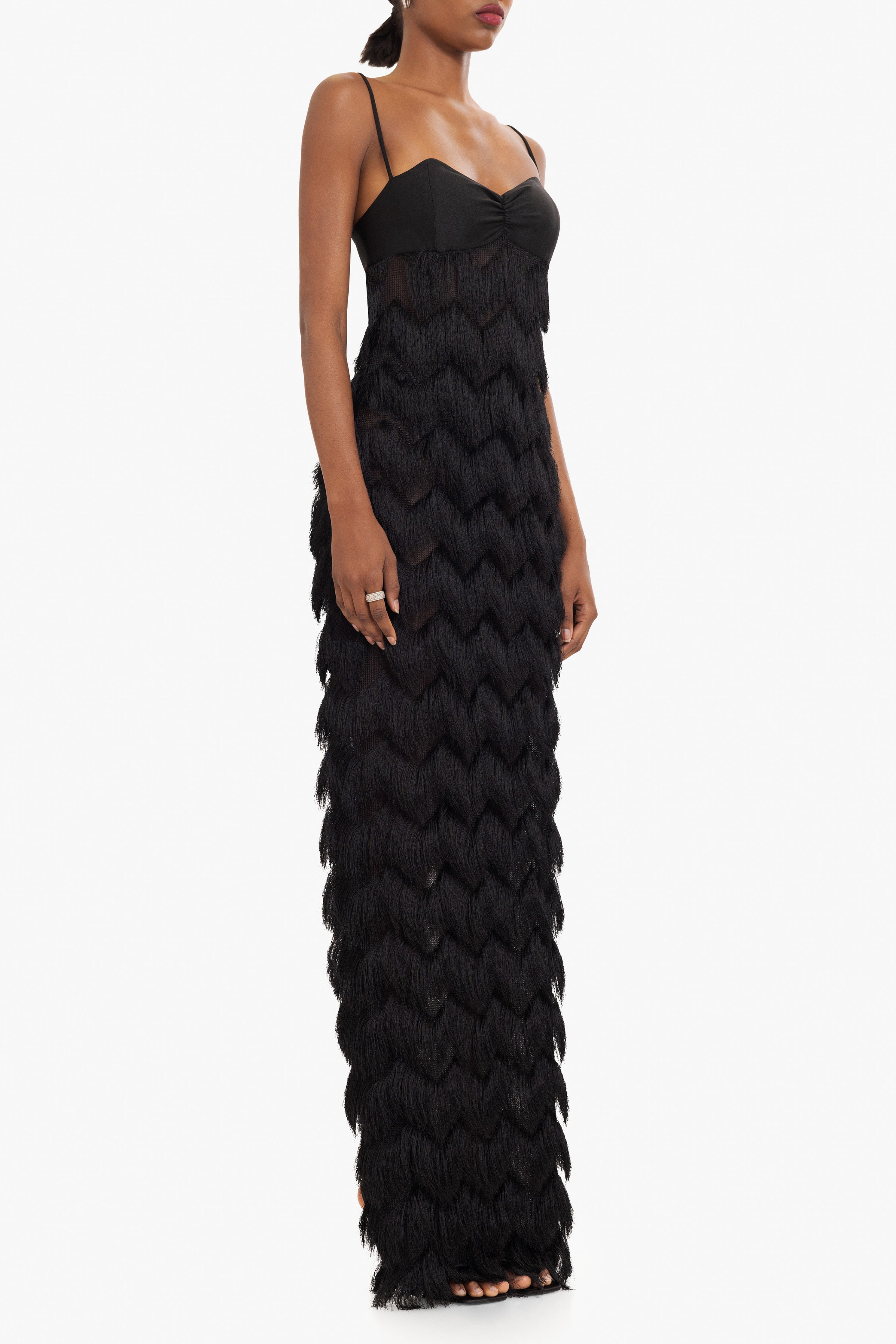 Berri Maxi Dress — Contrast Shiny Knit Bodice with Tiered Chevron Fringe Skirt