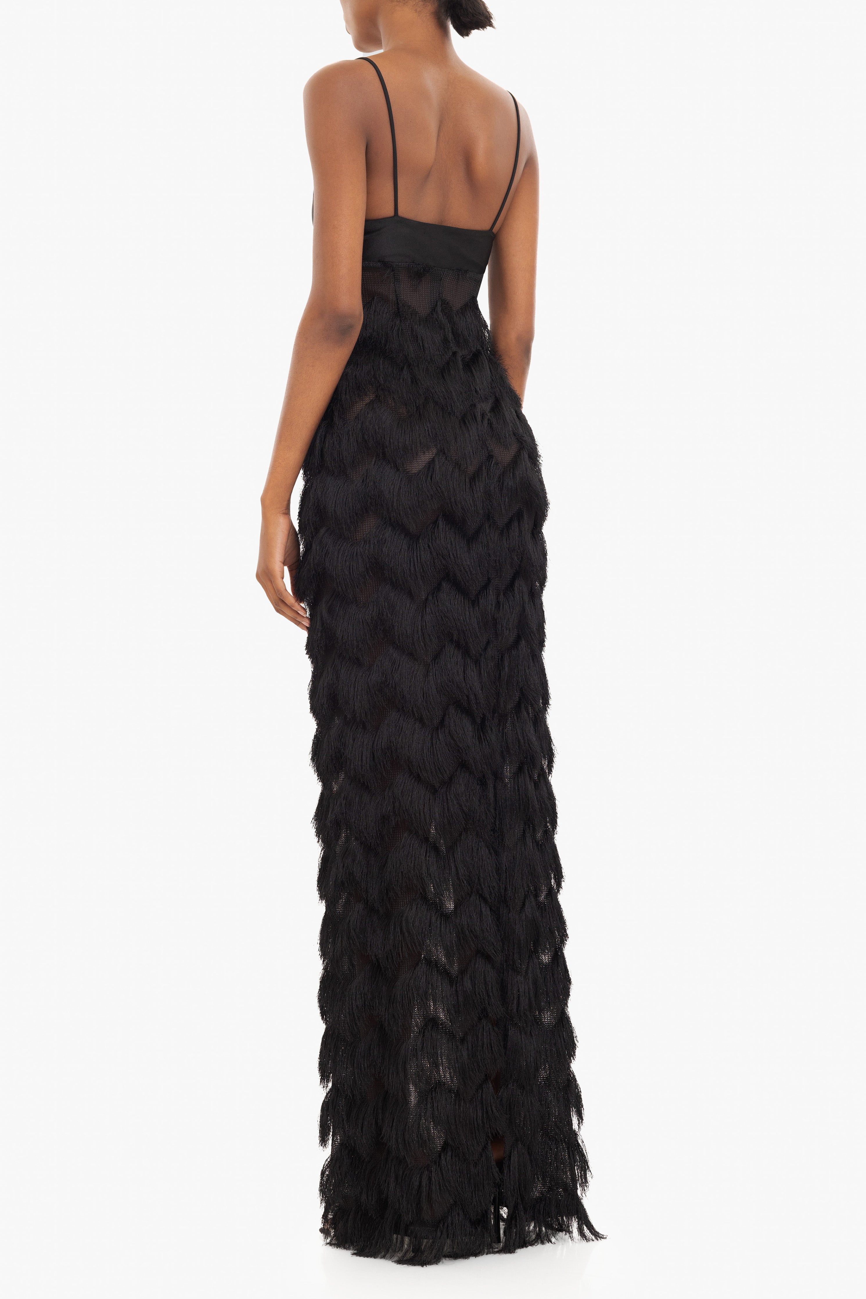 Berri Maxi Dress — Contrast Shiny Knit Bodice with Tiered Chevron Fringe Skirt