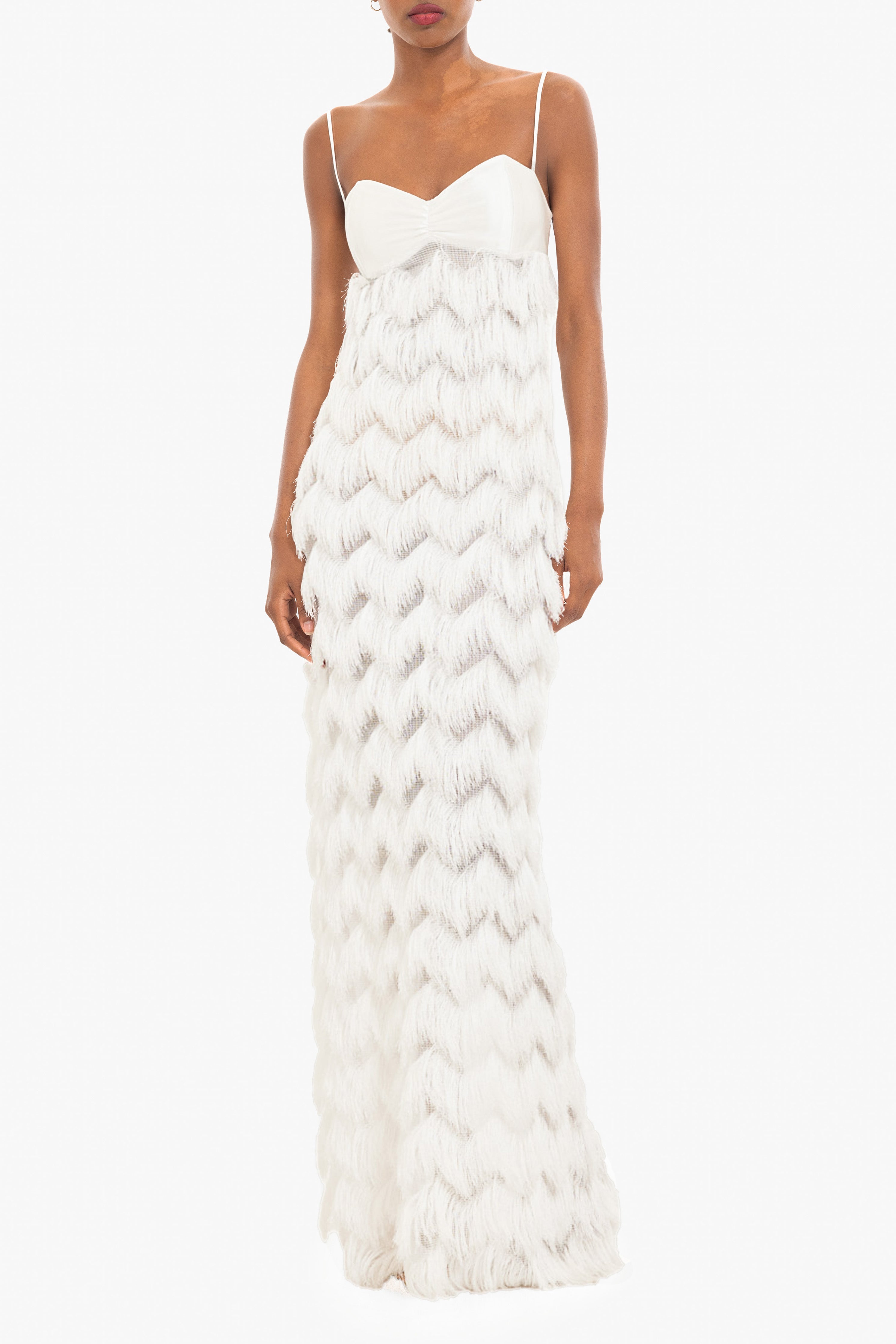 Berri Maxi Dress — Contrast Shiny Knit Bodice with Tiered Chevron Fringe Skirt