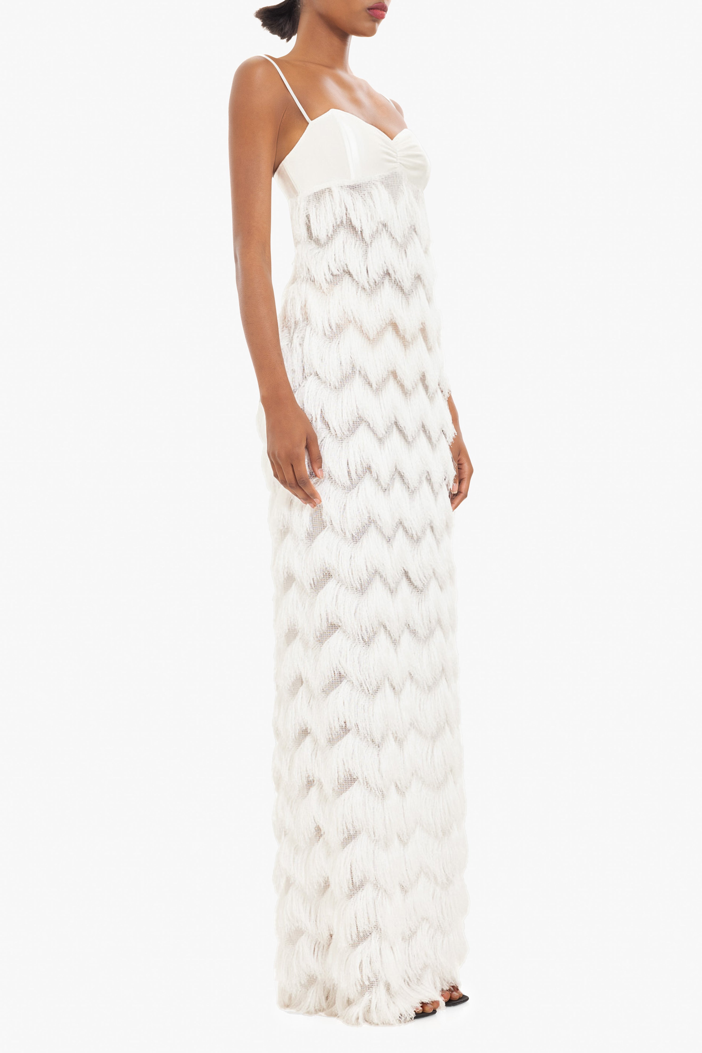 Berri Maxi Dress — Contrast Shiny Knit Bodice with Tiered Chevron Fringe Skirt