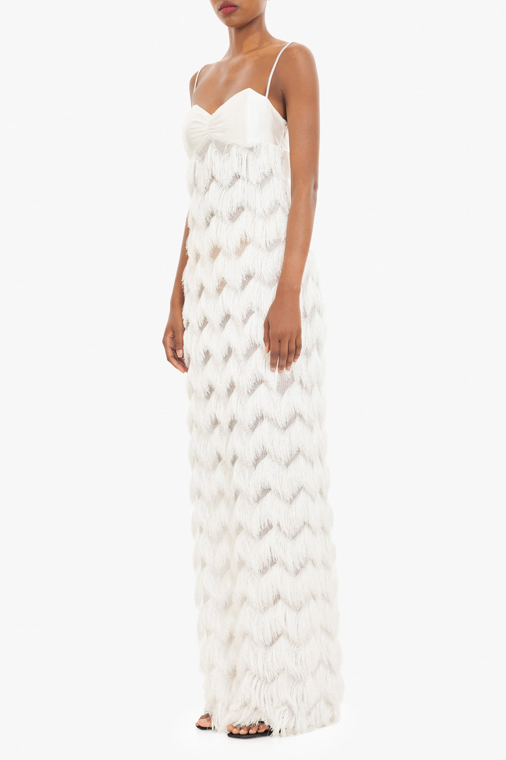 Berri Maxi Dress — Contrast Shiny Knit Bodice with Tiered Chevron Fringe Skirt