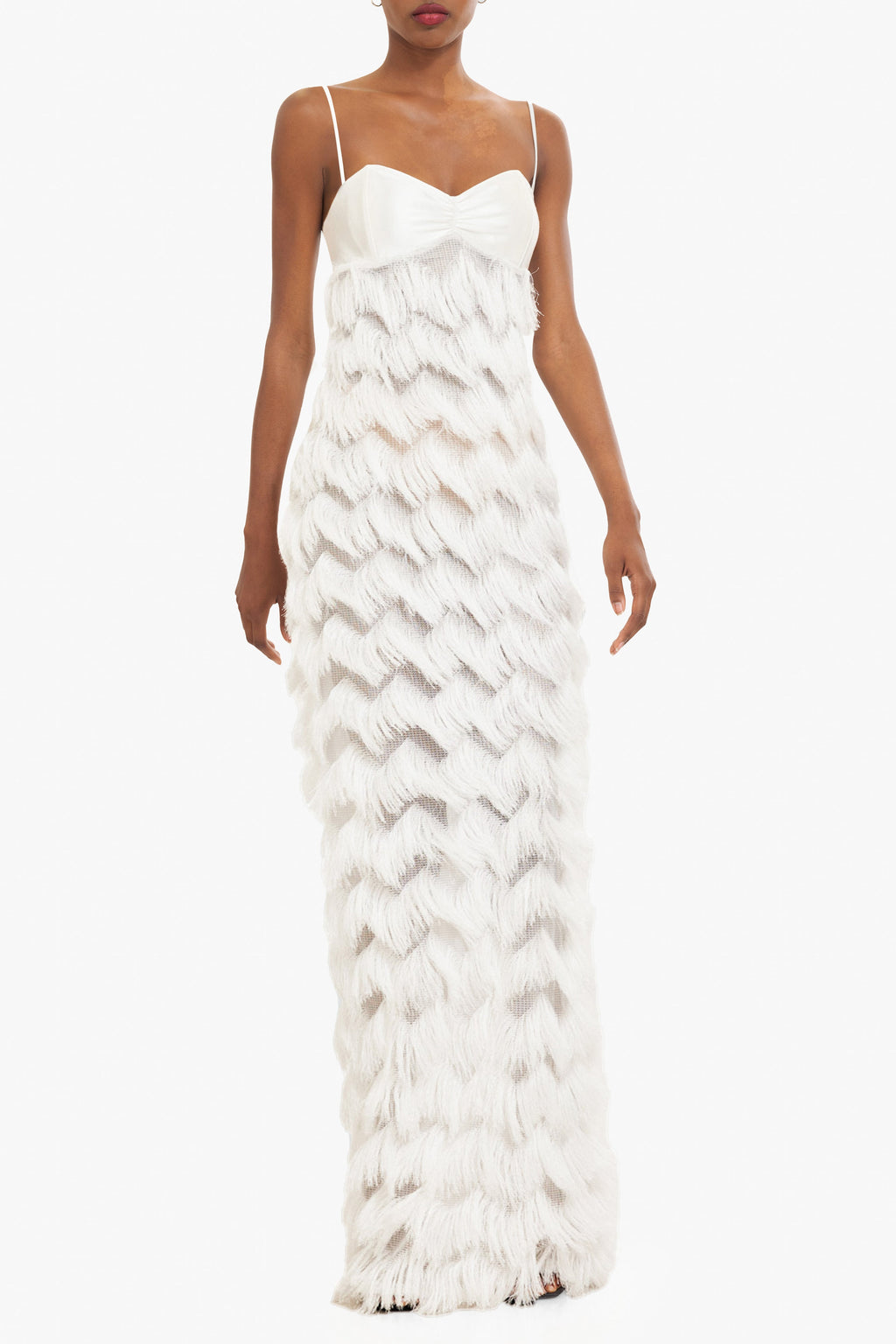 Berri Maxi Dress — Contrast Shiny Knit Bodice with Tiered Chevron Fringe Skirt