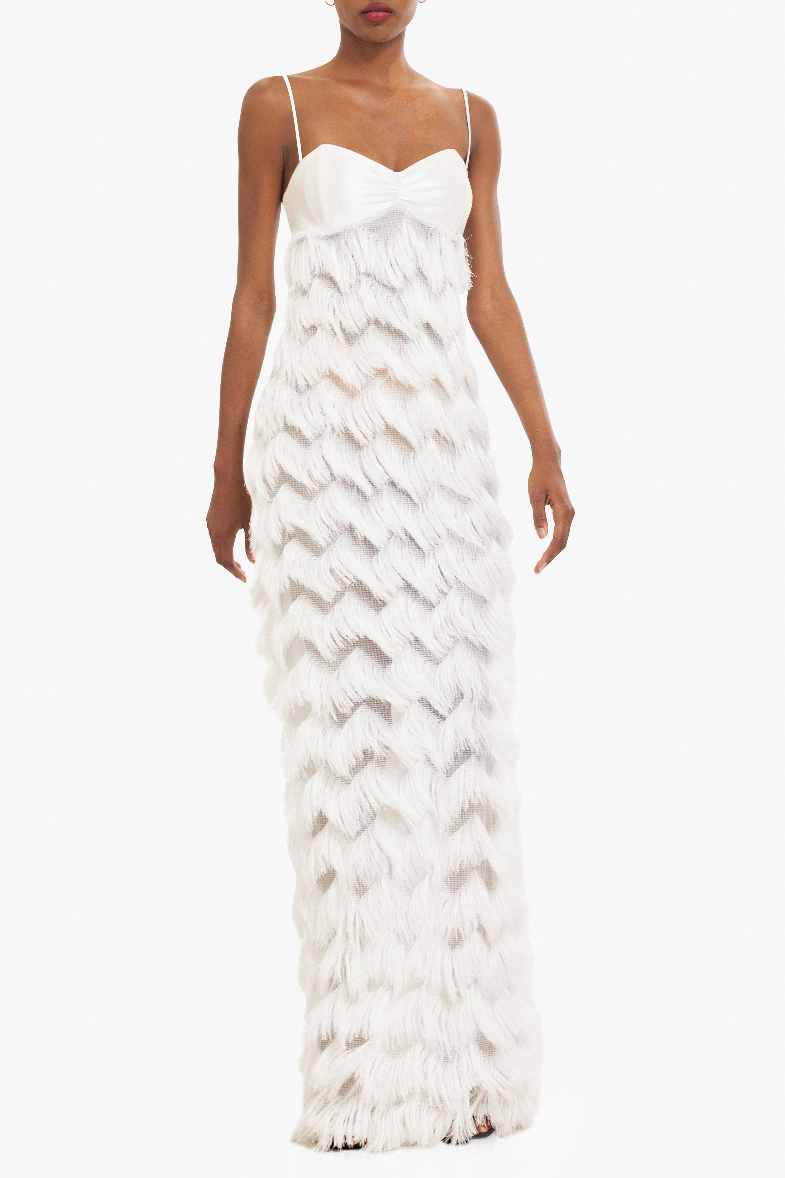 Berri Maxi Dress — Contrast Shiny Knit Bodice with Tiered Chevron Fringe Skirt