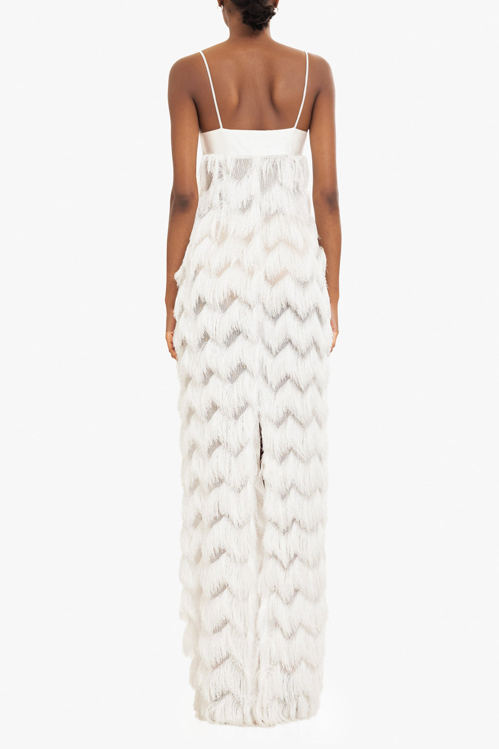 Berri Maxi Dress — Contrast Shiny Knit Bodice with Tiered Chevron Fringe Skirt