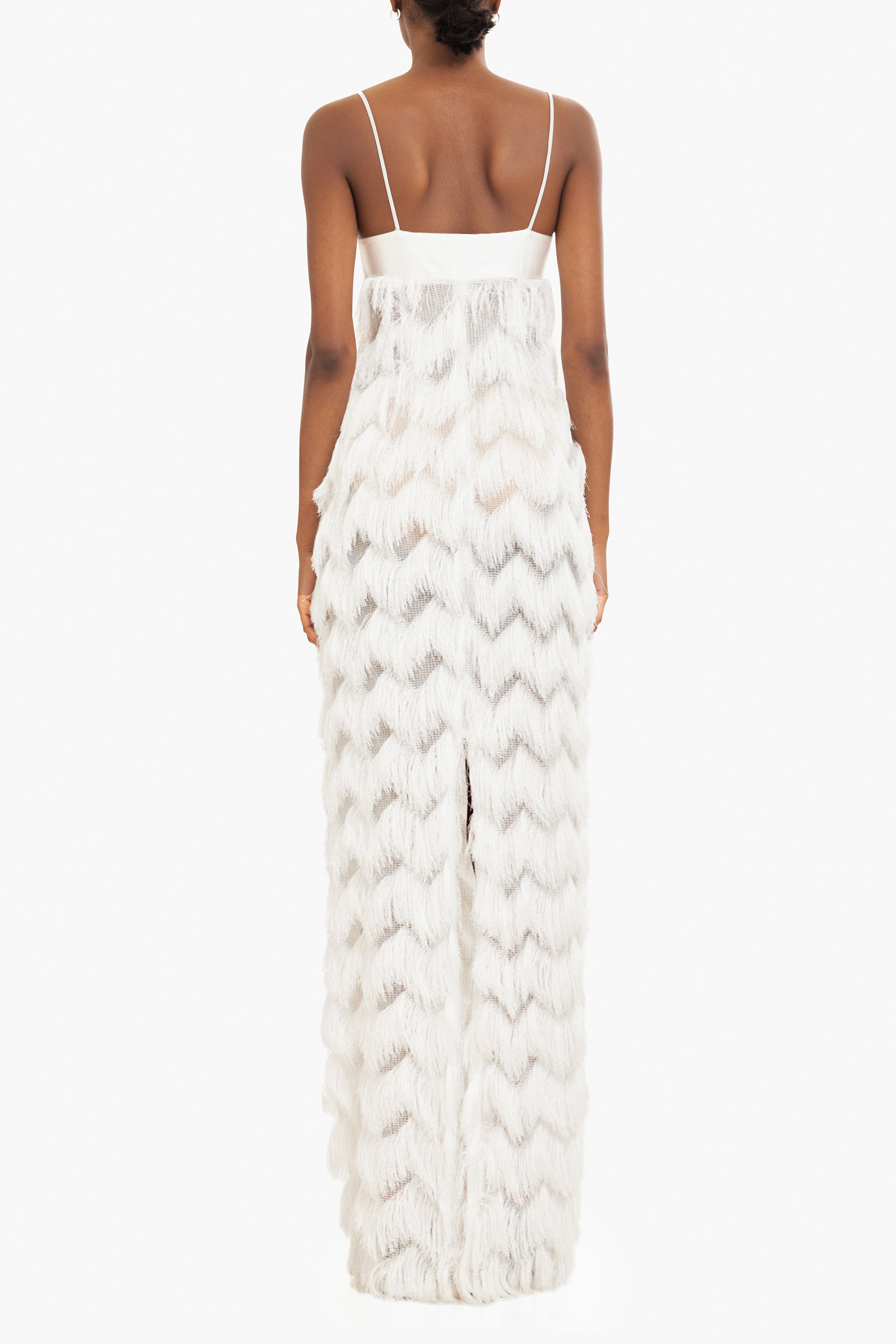 Berri Maxi Dress — Contrast Shiny Knit Bodice with Tiered Chevron Fringe Skirt