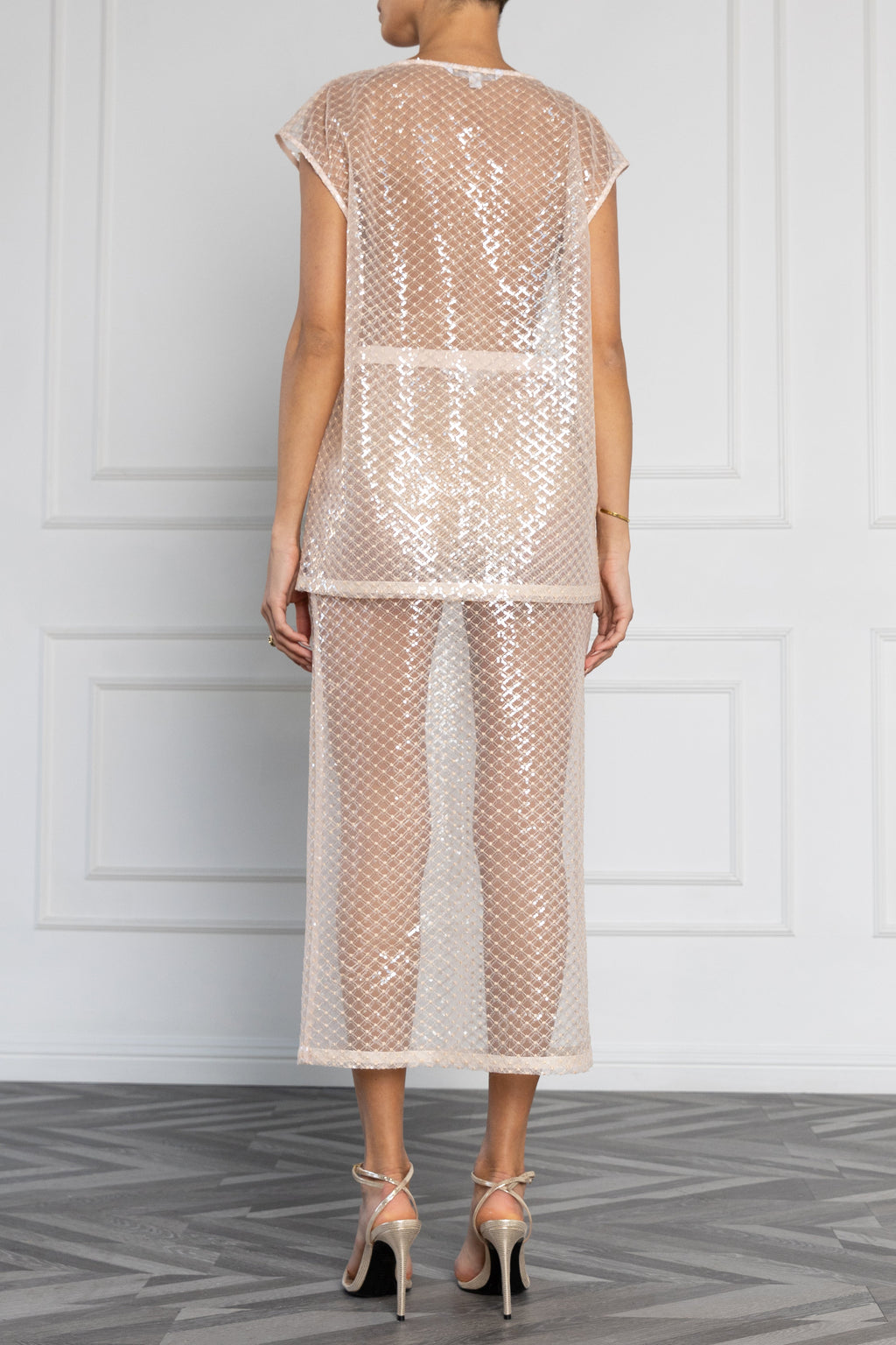 Etherea Two-Piece Midi Set — Shimmering Mesh with Geometric Sequin Overlay
