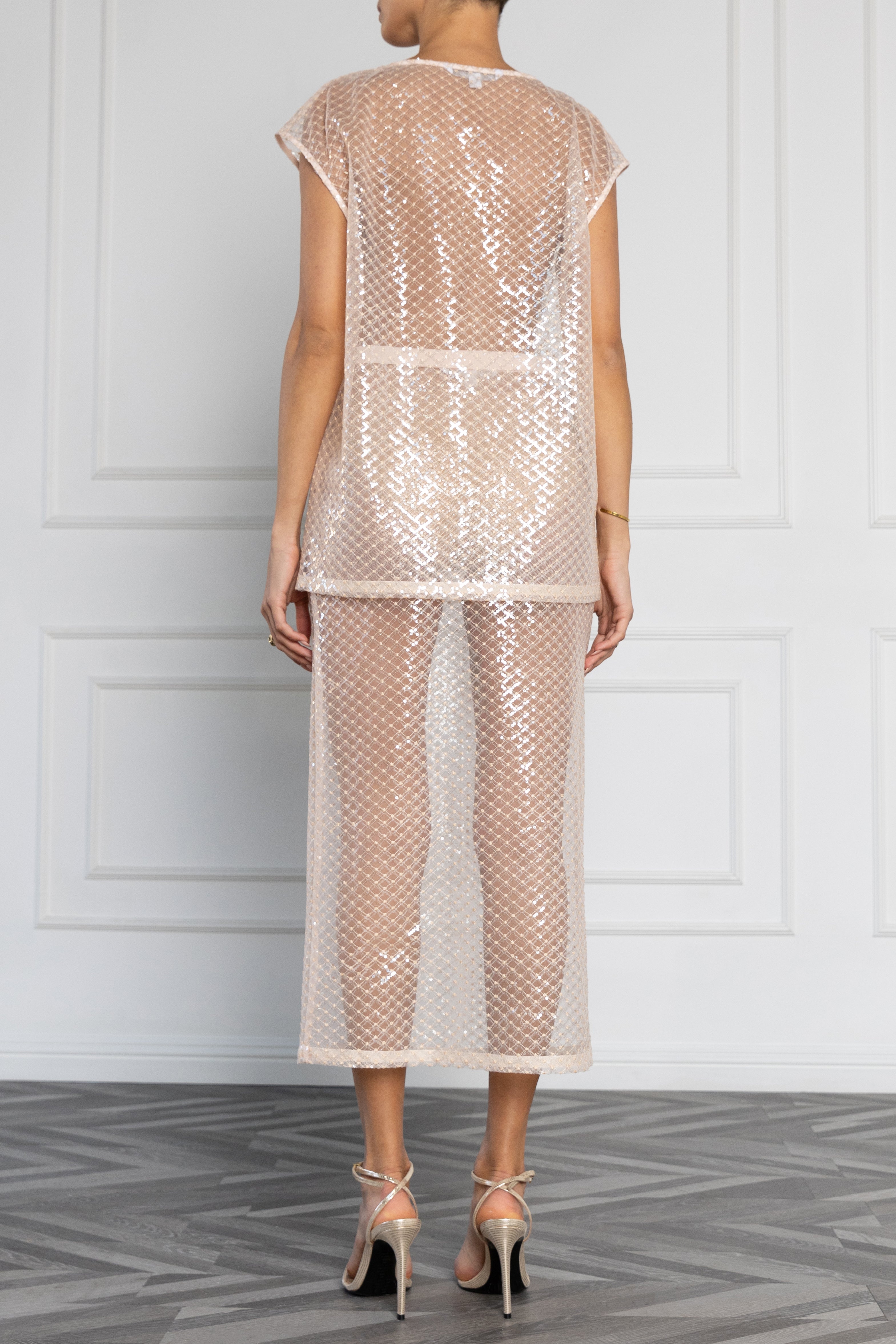Etherea Two-Piece Midi Set — Shimmering Mesh with Geometric Sequin Overlay
