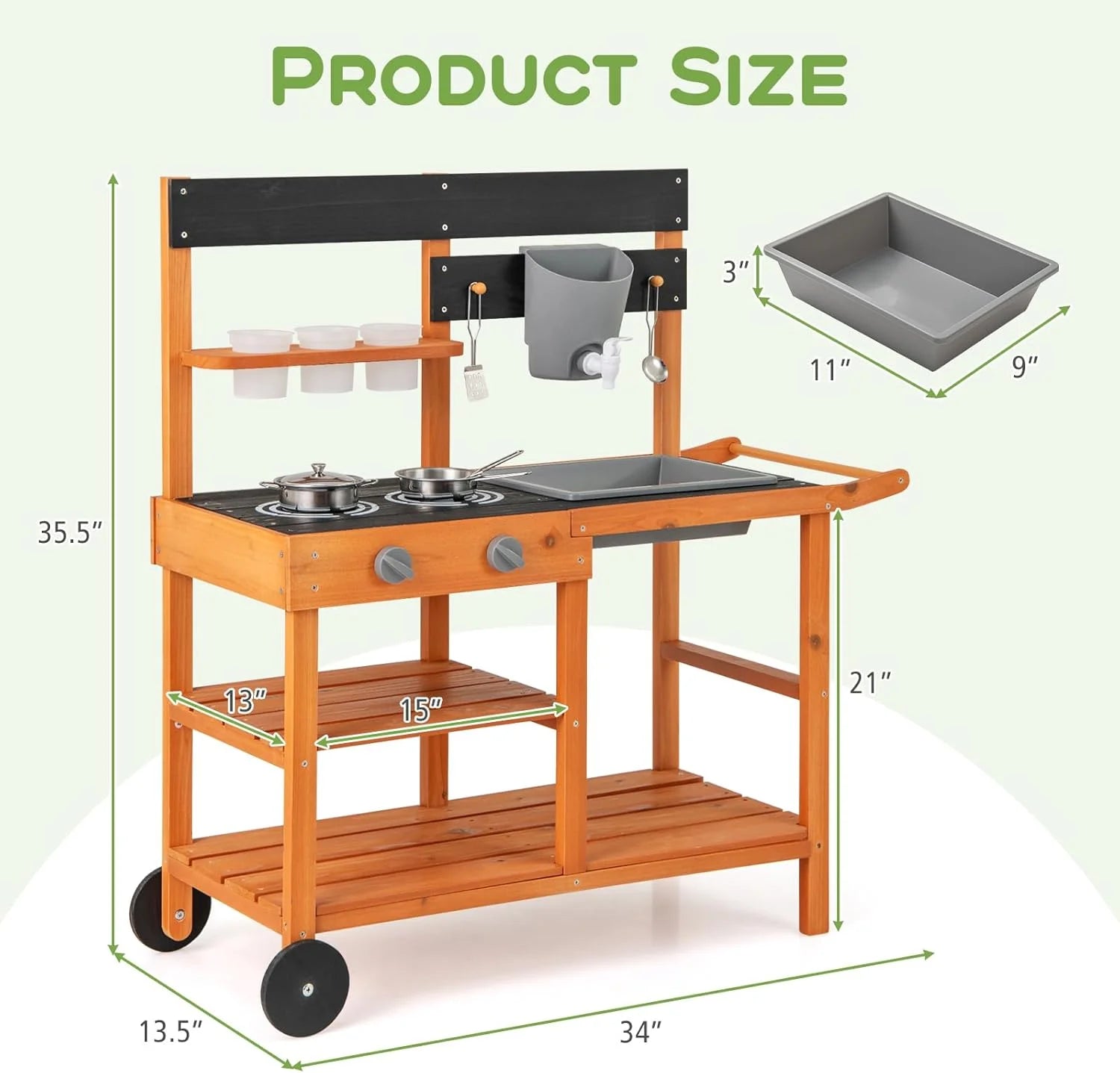 OLAKIDS Mud Kitchen, Outdoor Play Kitchen with Wheels 3 Cups Removable Sink Cooking Accessories Wooden Kids Kitchen Playset Backyard Garden Toys Gift for Boys Girls Ages 3+