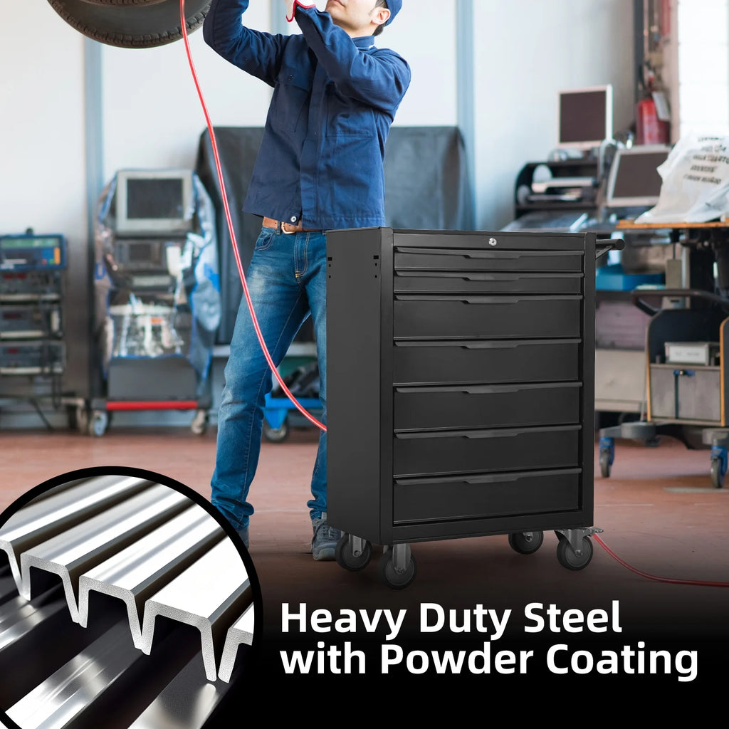 7-Drawer Rolling Tool Chest Cabinet, Large Capacity Metal Tool Box with Wheels and Cylinder Locking, Roll Around Storage Organizer Tool Cart for Garage, Warehouse, Work Shop - Black