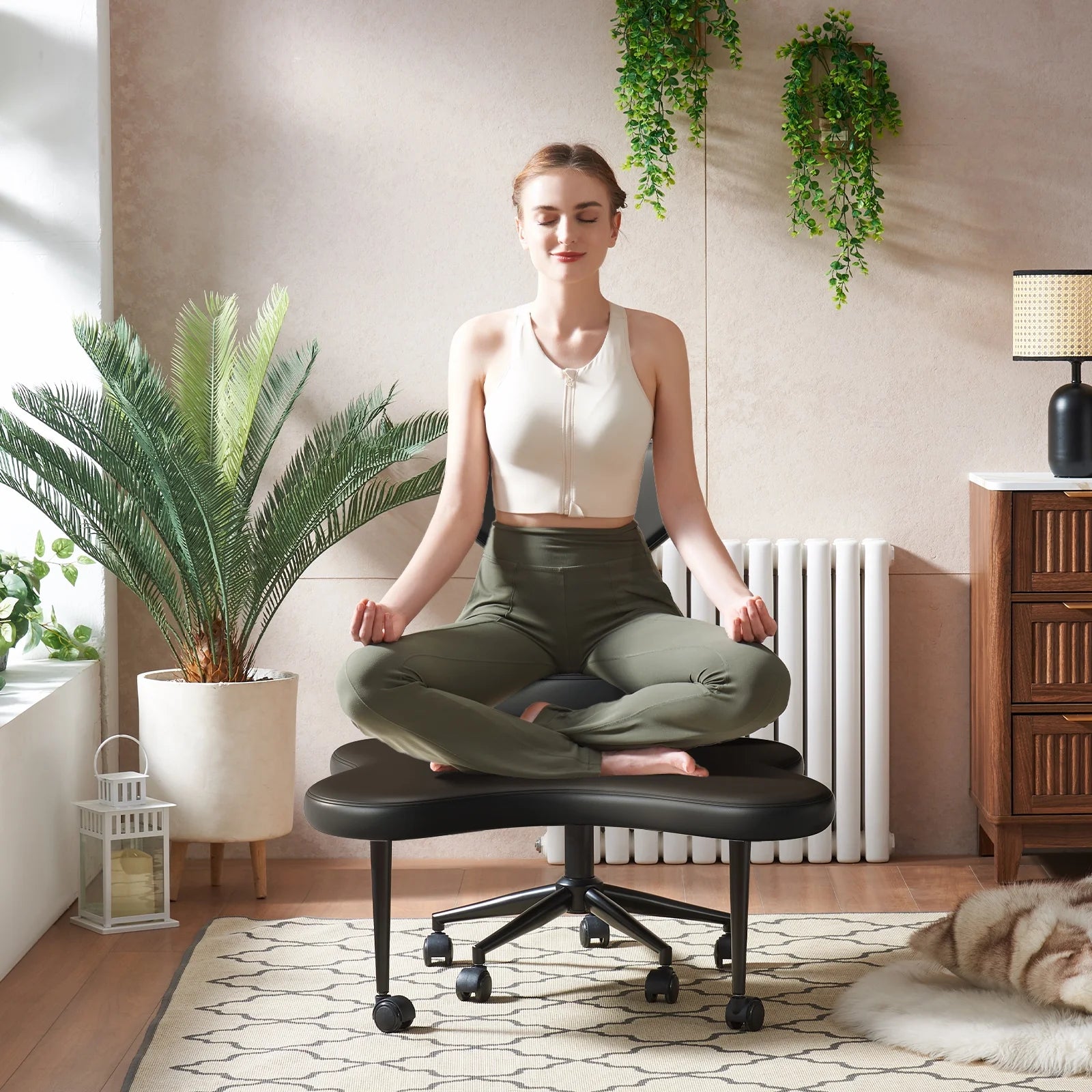 Pinmoco Ergonomic Cross Legged Swivel Chair, Adjustable Height and Teddy Fabric, Meditation& ADHD Chair with Back Support, Home and Office, Off White