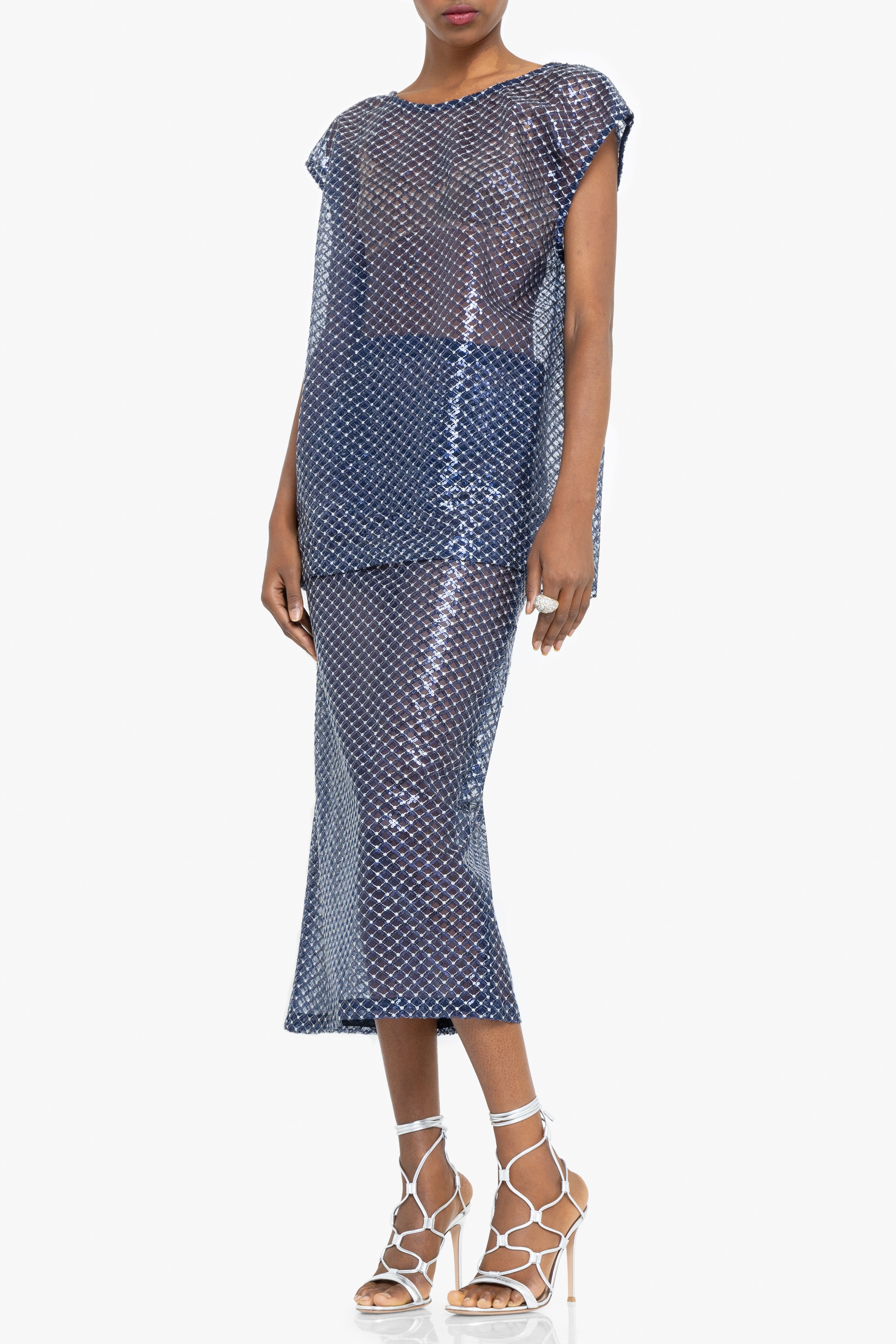 Etherea Two-Piece Midi Set — Shimmering Mesh with Geometric Sequin Overlay