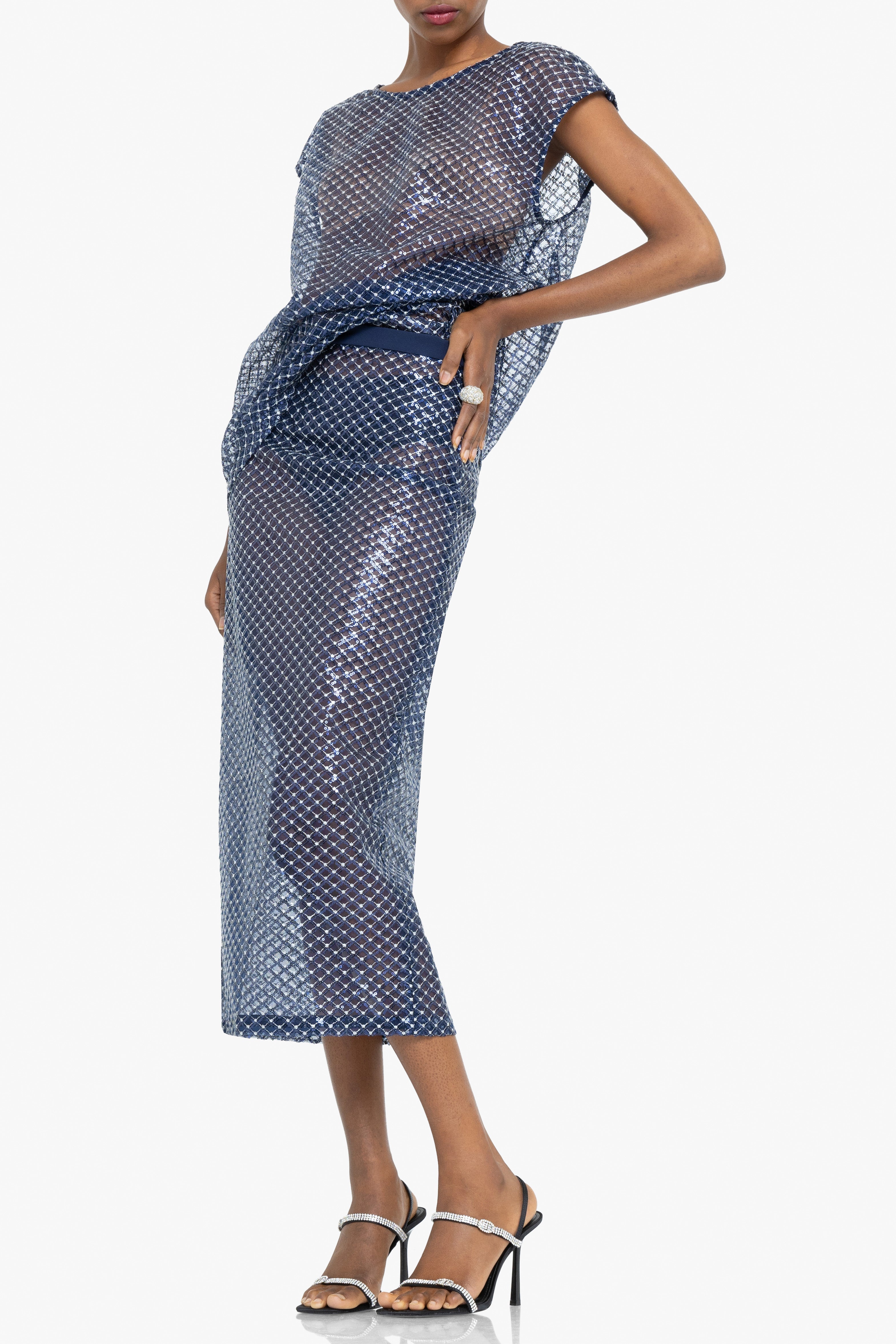 Etherea Two-Piece Midi Set — Shimmering Mesh with Geometric Sequin Overlay