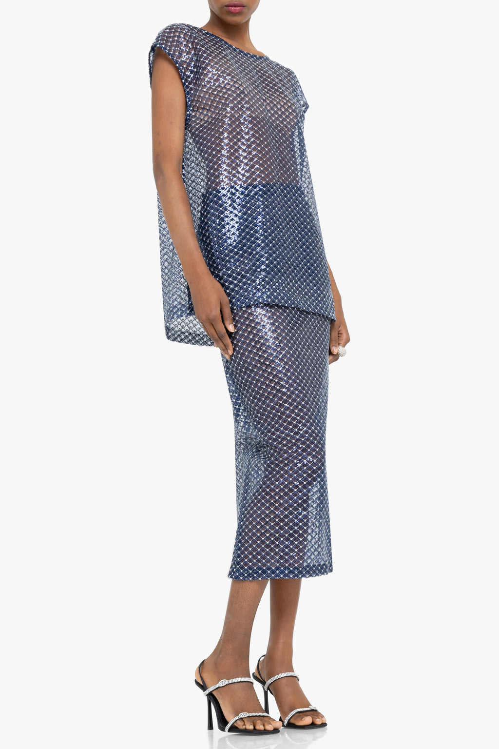 Etherea Two-Piece Midi Set — Shimmering Mesh with Geometric Sequin Overlay