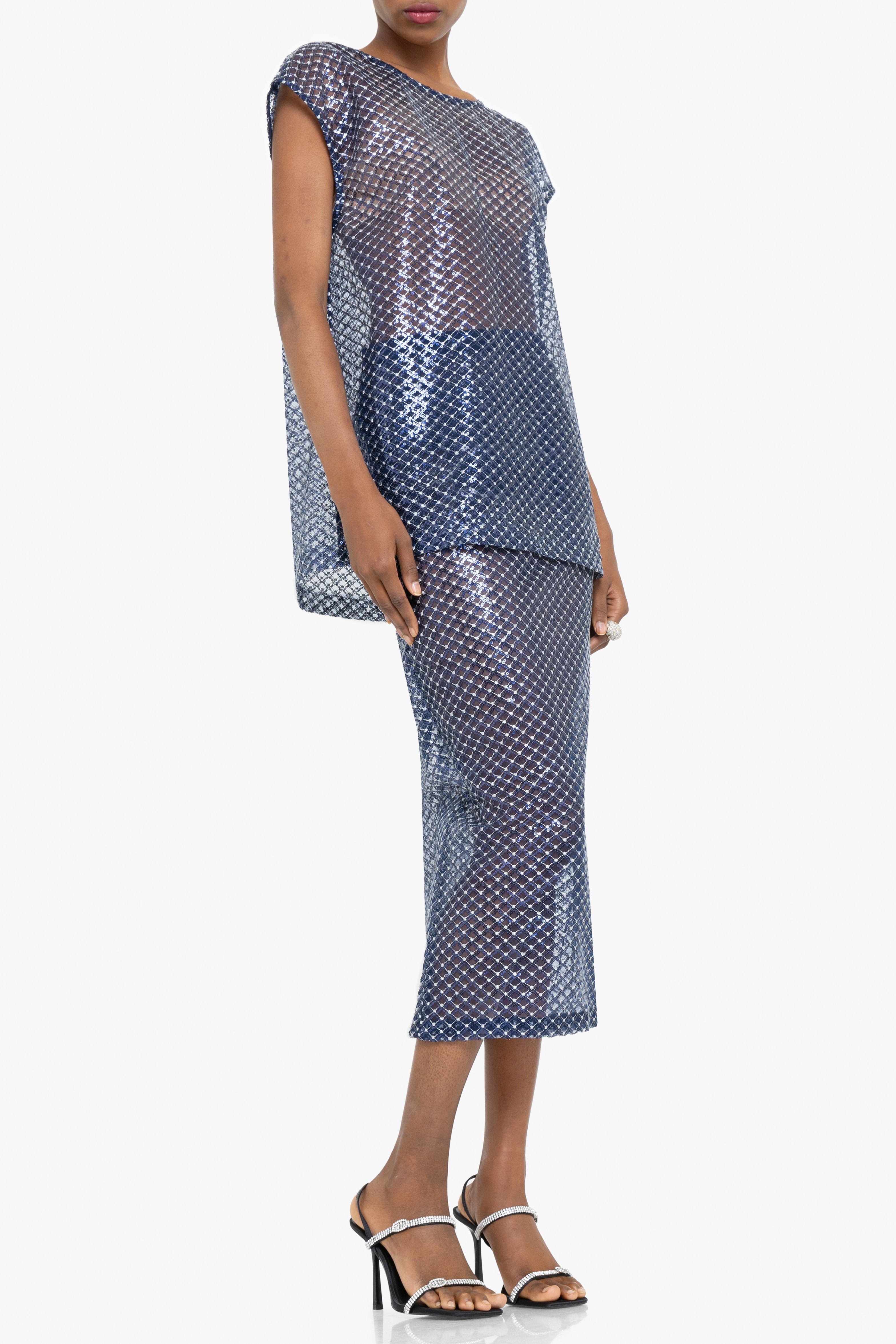 Etherea Two-Piece Midi Set — Shimmering Mesh with Geometric Sequin Overlay