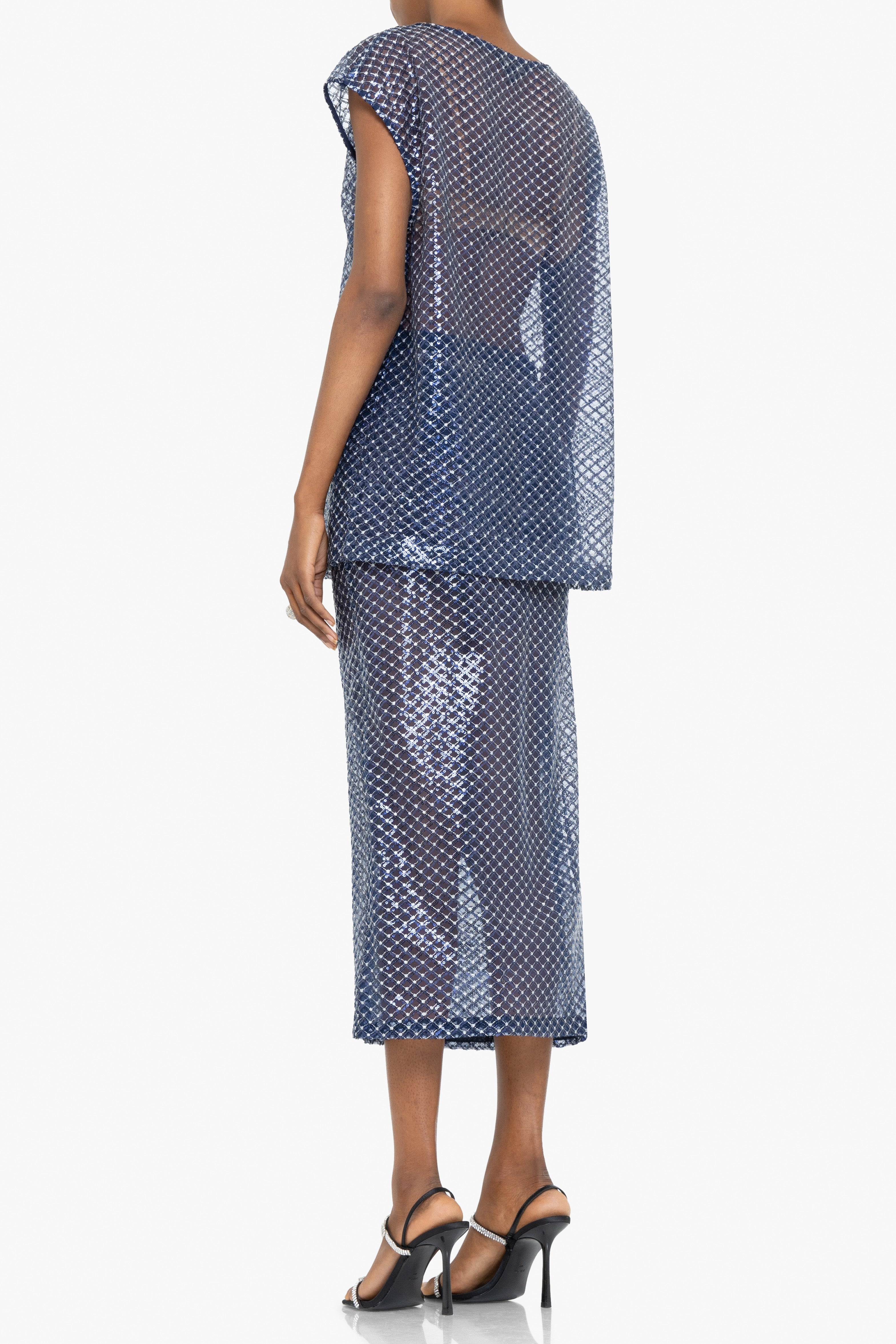 Etherea Two-Piece Midi Set — Shimmering Mesh with Geometric Sequin Overlay