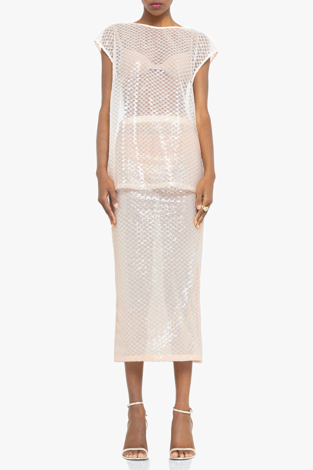 Etherea Two-Piece Midi Set — Shimmering Mesh with Geometric Sequin Overlay