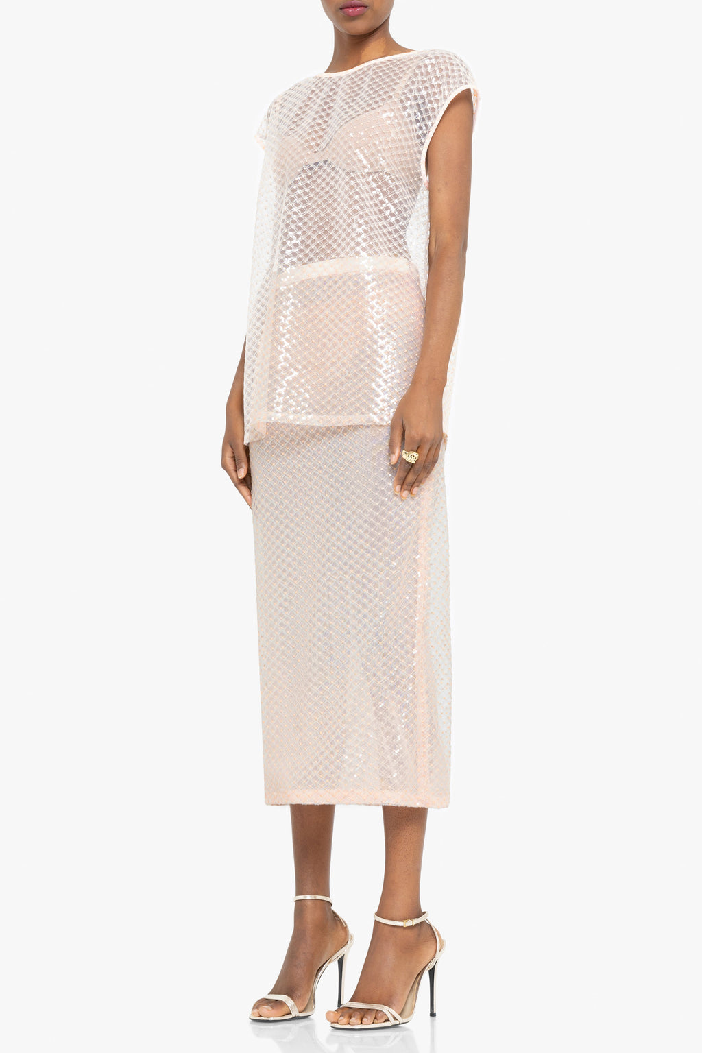 Etherea Two-Piece Midi Set — Shimmering Mesh with Geometric Sequin Overlay
